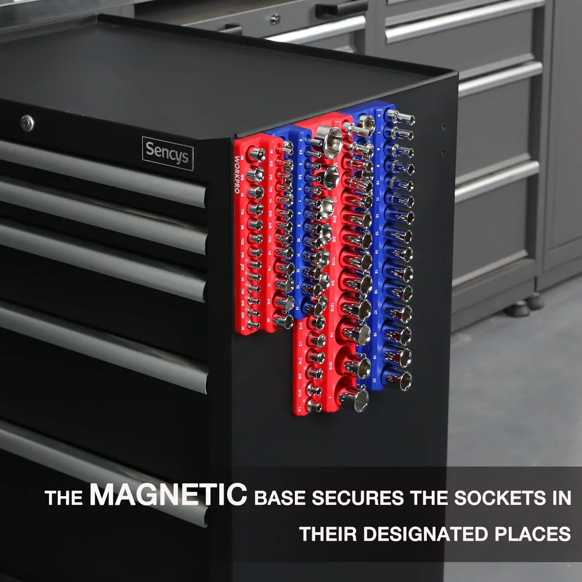 WORKPRO Magnetic Receptacle Organizer Set of 4 Includes 1/4", 3/8" Drive Metric SAE Receptacle Tray, Holds 108 Standard Sizes - Image 7