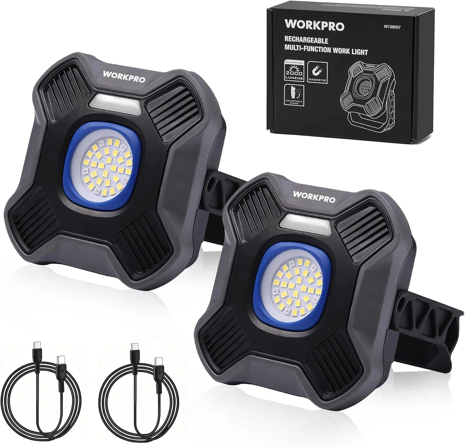 WORKPRO Magnetic Work Light, 4000mAh Rechargeable LED Work Lights with Stand, Portable 2000LM Flood Light for Camping, Fishing, Car Repair, Emergency, Job Site Lighting, Mechanic Light with 5 Modes
