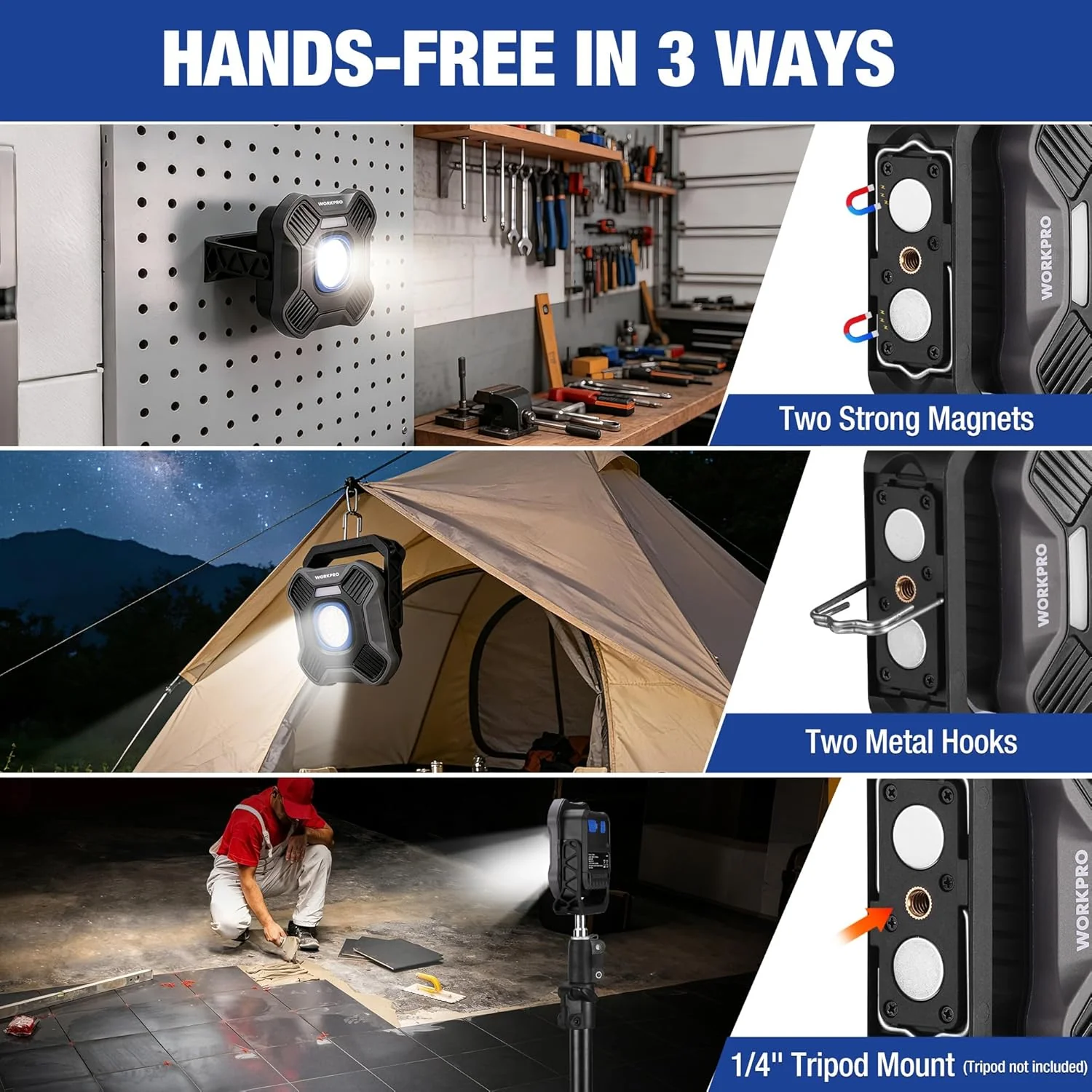 WORKPRO Magnetic Work Light, 4000mAh Rechargeable LED Work Lights with Stand, Portable 2000LM Flood Light for Camping, Fishing, Car Repair, Emergency, Job Site Lighting, Mechanic Light with 5 Modes - Image 2