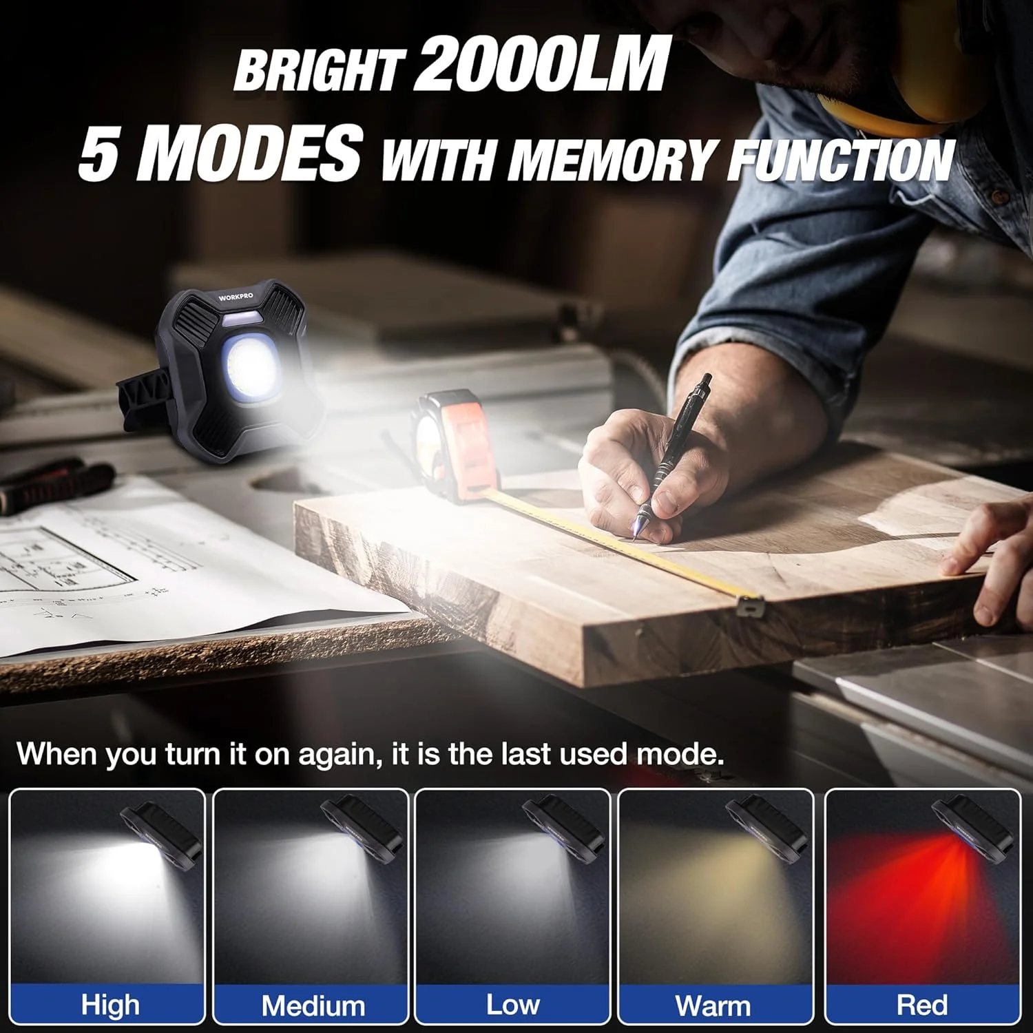 WORKPRO Magnetic Work Light, 4000mAh Rechargeable LED Work Lights with Stand, Portable 2000LM Flood Light for Camping, Fishing, Car Repair, Emergency, Job Site Lighting, Mechanic Light with 5 Modes - Image 3