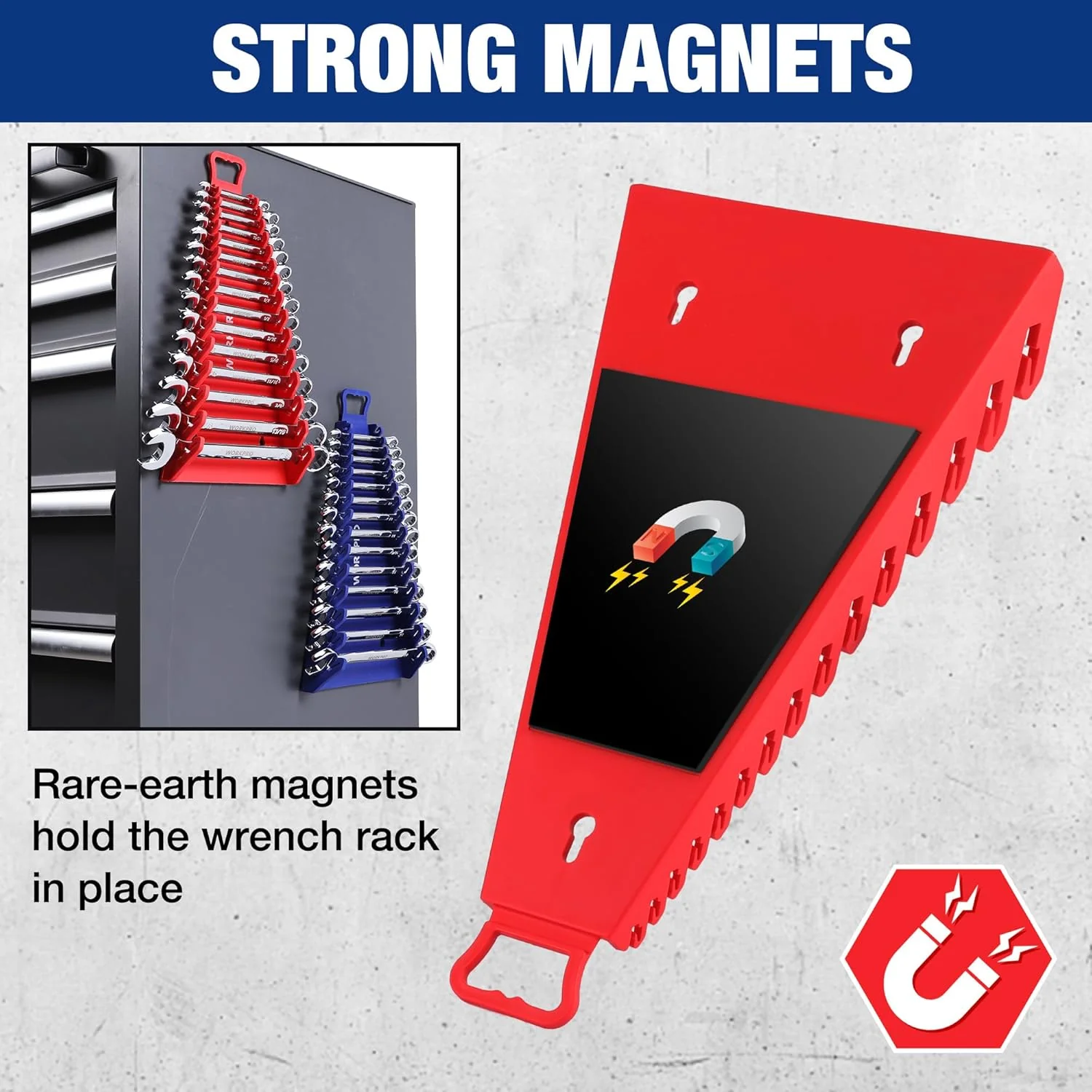WORKPRO Magnetic Wrench Organizer, 15-Slot Gripper Wrench Holder for Tool Box, 2-Pack Wrench Rack Fits SAE (1/4" to 1-1/16") and Metric (6mm to 27mm), Flexible Grips, Blue and Red - Image 3