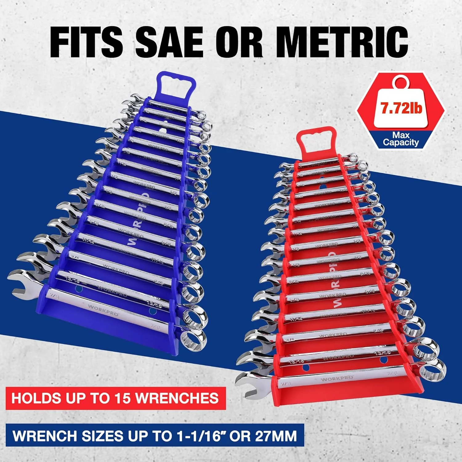WORKPRO Magnetic Wrench Organizer, 15-Slot Gripper Wrench Holder for Tool Box, 2-Pack Wrench Rack Fits SAE (1/4" to 1-1/16") and Metric (6mm to 27mm), Flexible Grips, Blue and Red - Image 4