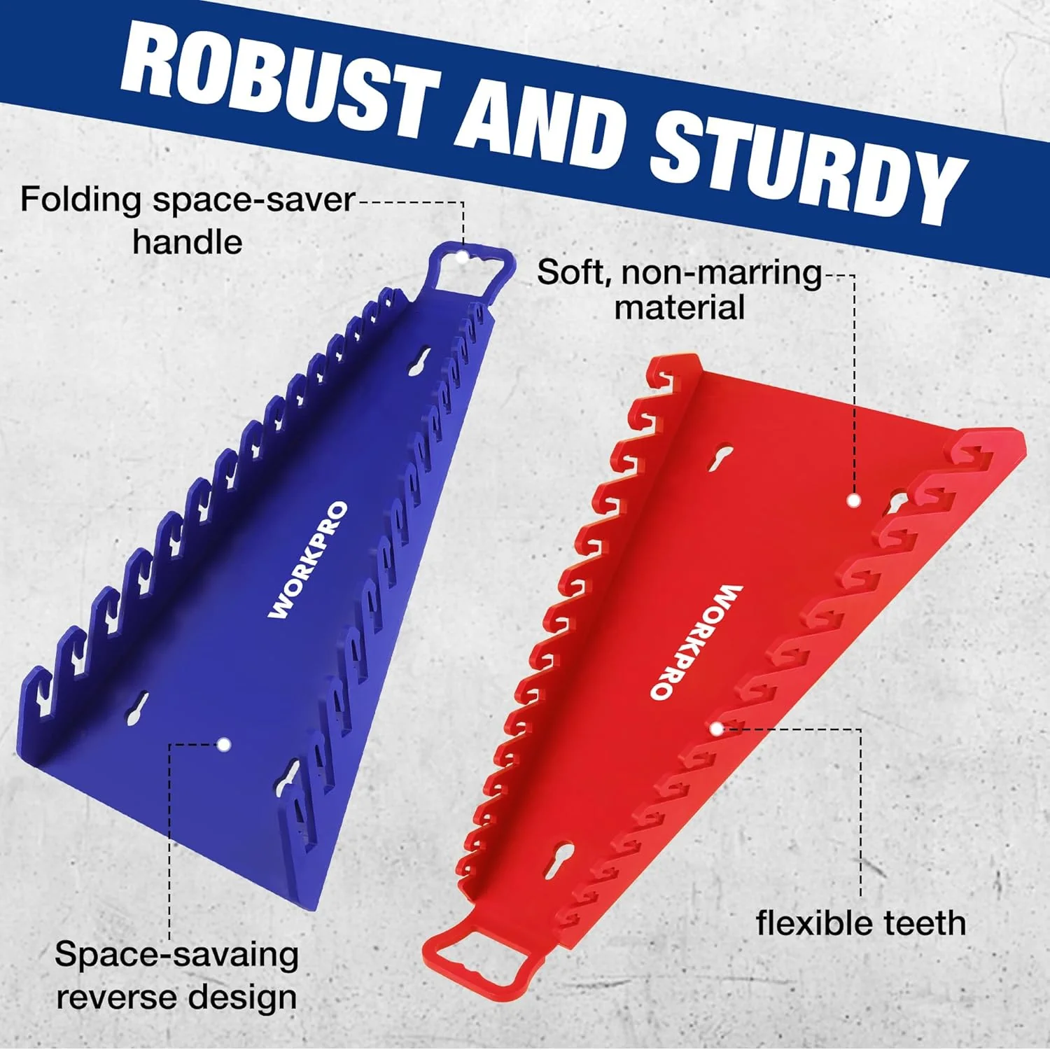 WORKPRO Magnetic Wrench Organizer, 15-Slot Gripper Wrench Holder for Tool Box, 2-Pack Wrench Rack Fits SAE (1/4" to 1-1/16") and Metric (6mm to 27mm), Flexible Grips, Blue and Red - Image 5