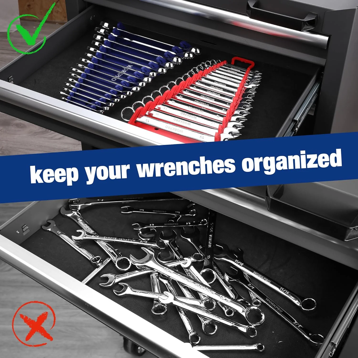 WORKPRO Magnetic Wrench Organizer, 15-Slot Gripper Wrench Holder for Tool Box, 2-Pack Wrench Rack Fits SAE (1/4" to 1-1/16") and Metric (6mm to 27mm), Flexible Grips, Blue and Red - Image 6