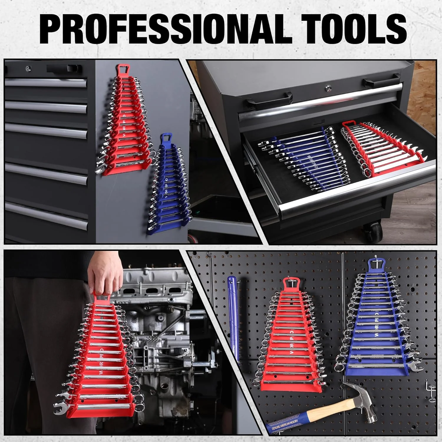 WORKPRO Magnetic Wrench Organizer, 15-Slot Gripper Wrench Holder for Tool Box, 2-Pack Wrench Rack Fits SAE (1/4" to 1-1/16") and Metric (6mm to 27mm), Flexible Grips, Blue and Red - Image 7