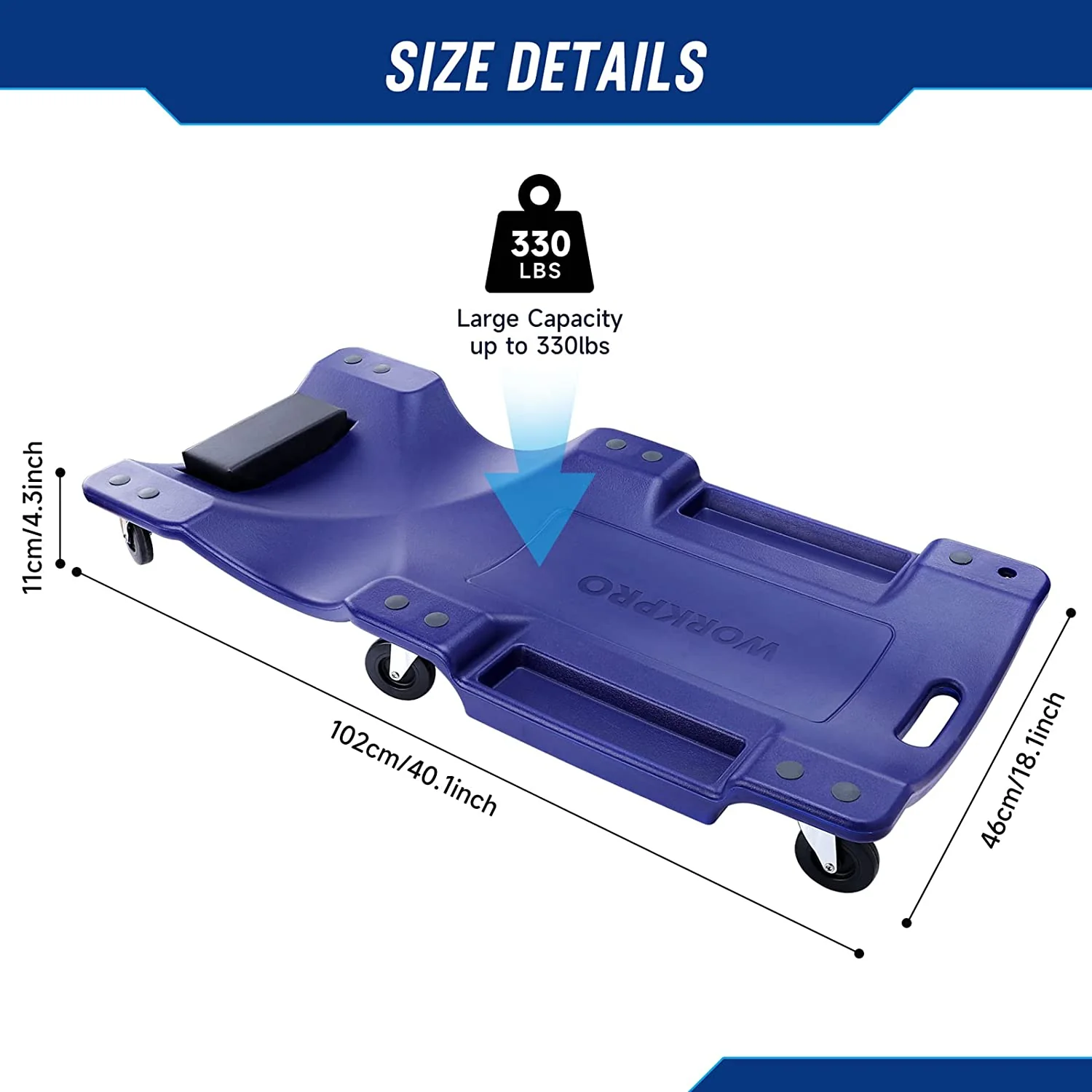 WORKPRO Mechanic Plastic Creeper, 40-Inch Automotive Creeper with Padded Headrest, 330 lbs Capacity Rolling Garage Shop Creeper with 6 Caster Wheels, Blue - Image 2