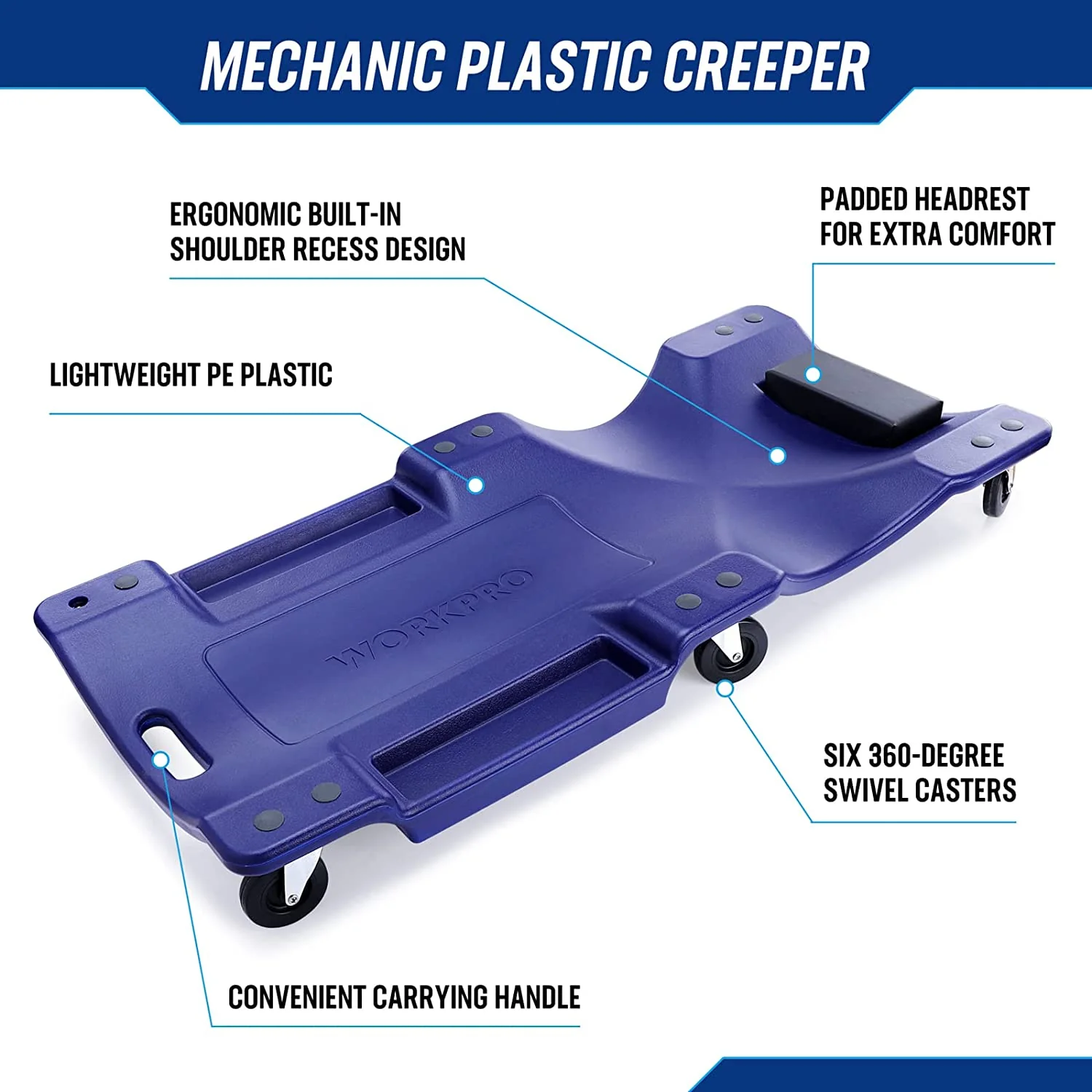 WORKPRO Mechanic Plastic Creeper, 40-Inch Automotive Creeper with Padded Headrest, 330 lbs Capacity Rolling Garage Shop Creeper with 6 Caster Wheels, Blue - Image 3