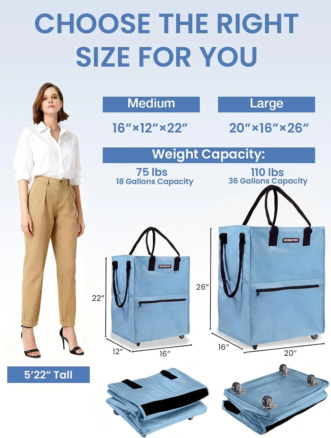 WORKPRO Medium Rolling Grocery Bag, 18-Gallon Tote with 4 Wheels, 75 lbs Capacity, Dual Carry, Wide Zipper & Extra Storage for Shopping, Laundry & Moving - Image 2