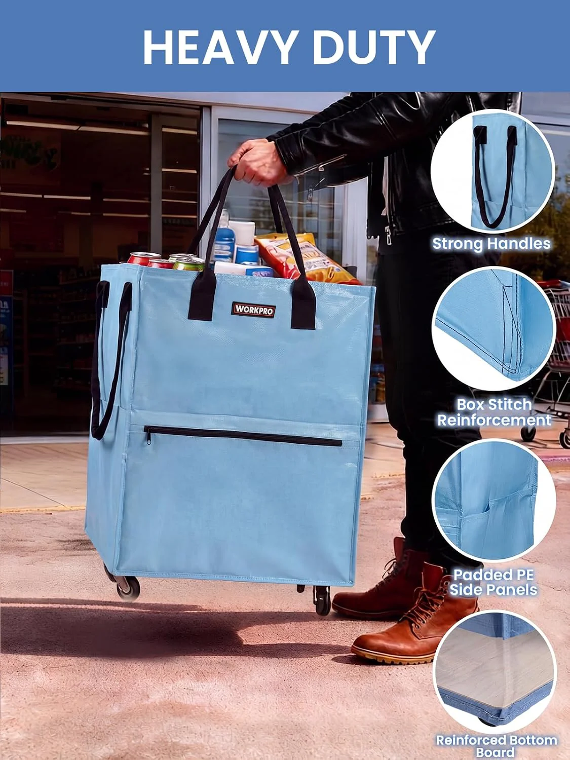 WORKPRO Medium Rolling Grocery Bag, 18-Gallon Tote with 4 Wheels, 75 lbs Capacity, Dual Carry, Wide Zipper & Extra Storage for Shopping, Laundry & Moving - Image 4