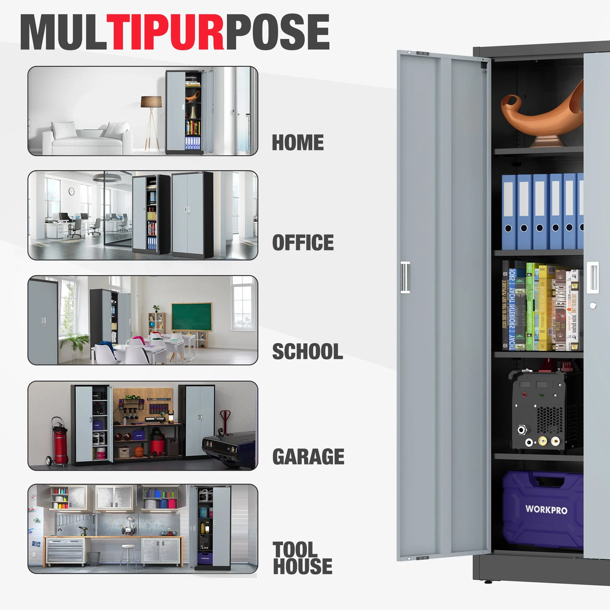 WORKPRO Metal Garage Cabinet with 5-Shelf & 5-Drawers, 71 Inches Tall Freestanding Garage Cabinet, Solid Packed, Gray/Black - Image 6
