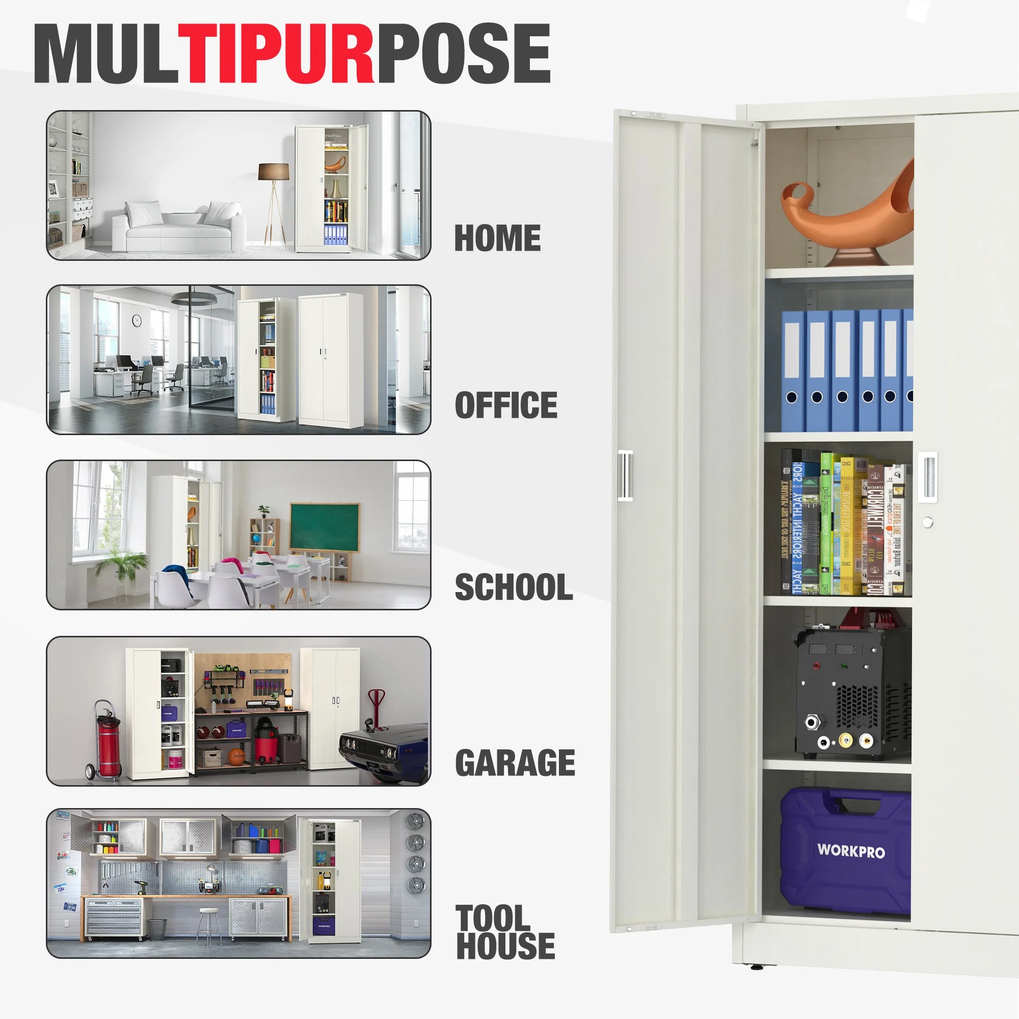 WORKPRO Metal Garage Cabinet with 5-Shelf & 5-Drawers, 71 Inches Tall Freestanding Garage Cabinet, Solid Packed, White - Image 6