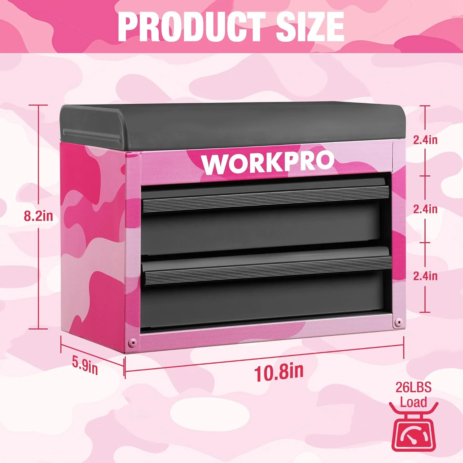WORKPRO Metal Mini Tool Box, Top Tool Chest containing Two Drawers with Ball Bearing Slides, PVC Drawer Liners and PP Feet Pads, Cold Rolled Steel Small Toolbox for Multi-Purpose Storage - Pink Ribbon - Image 2