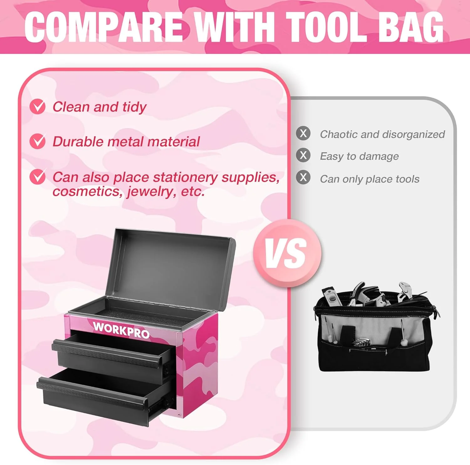 WORKPRO Metal Mini Tool Box, Top Tool Chest containing Two Drawers with Ball Bearing Slides, PVC Drawer Liners and PP Feet Pads, Cold Rolled Steel Small Toolbox for Multi-Purpose Storage - Pink Ribbon - Image 4