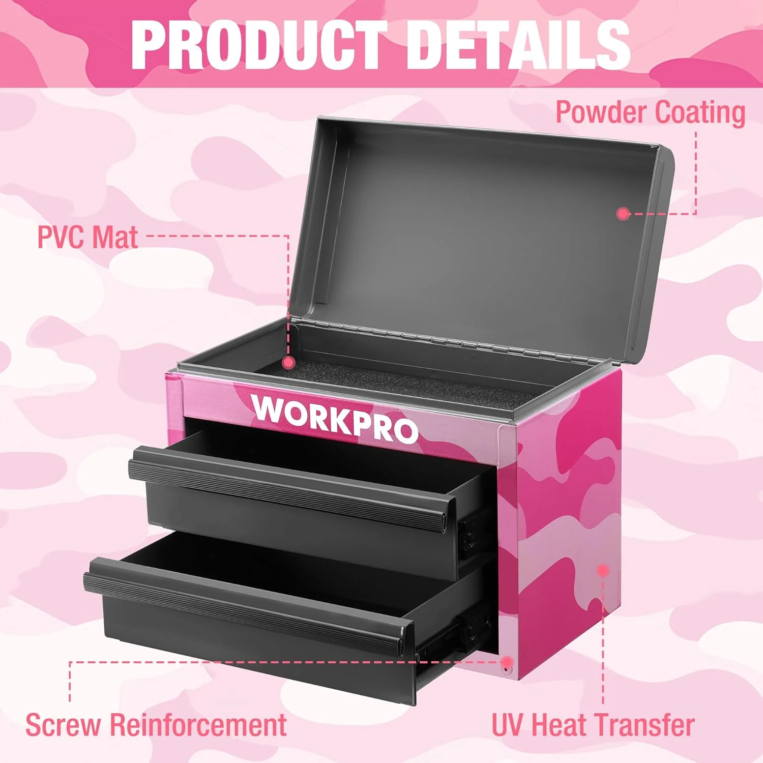 WORKPRO Metal Mini Tool Box, Top Tool Chest containing Two Drawers with Ball Bearing Slides, PVC Drawer Liners and PP Feet Pads, Cold Rolled Steel Small Toolbox for Multi-Purpose Storage - Pink Ribbon - Image 5