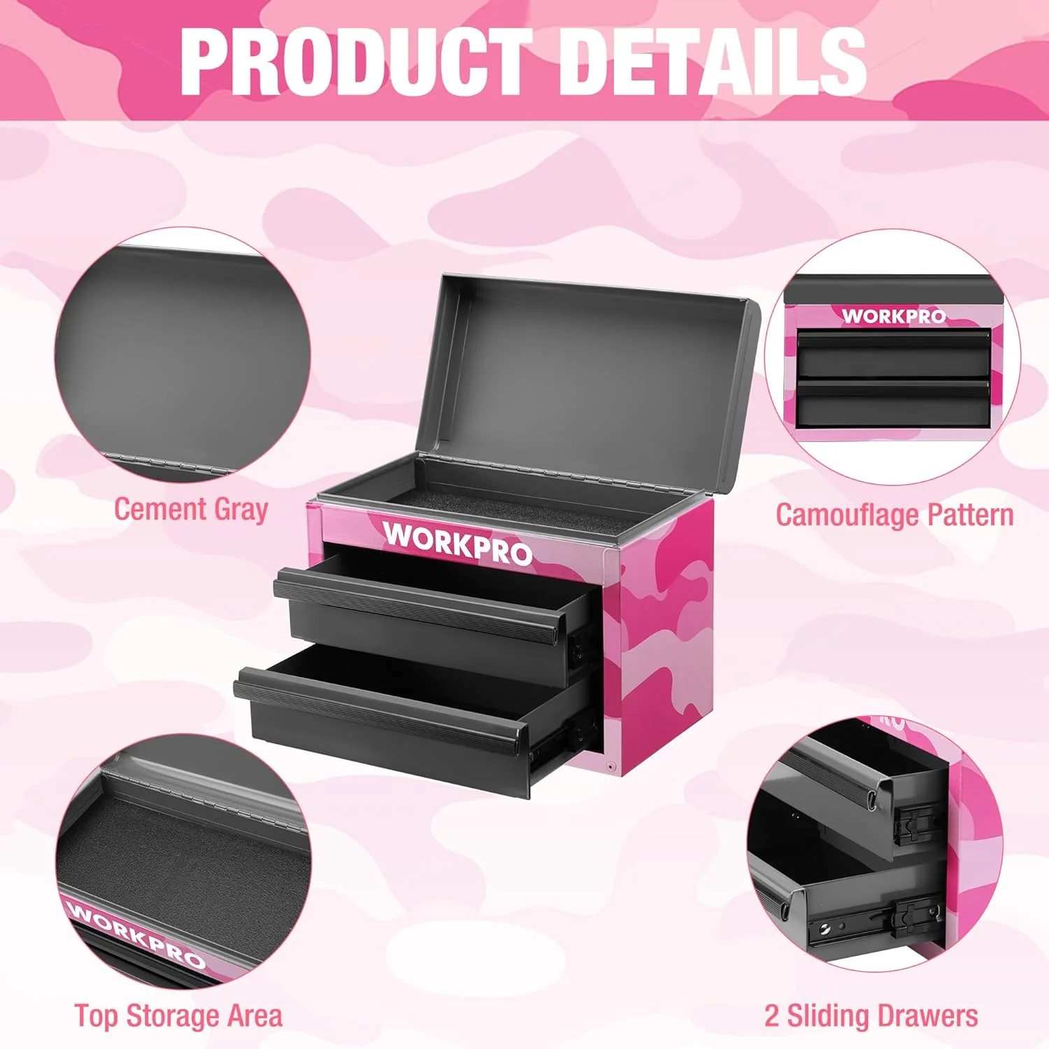 WORKPRO Metal Mini Tool Box, Top Tool Chest containing Two Drawers with Ball Bearing Slides, PVC Drawer Liners and PP Feet Pads, Cold Rolled Steel Small Toolbox for Multi-Purpose Storage - Pink Ribbon - Image 6