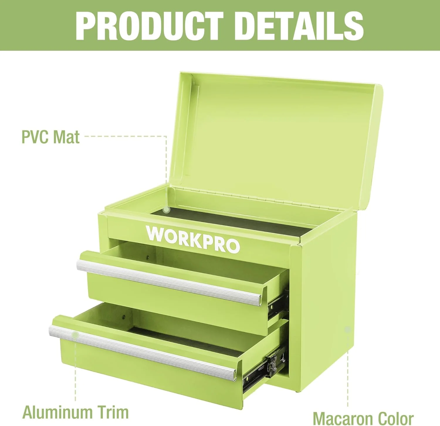 WORKPRO Metal Mini Tool Box, Top Tool Chest containing Two Drawers with Ball Bearing Slides, PVC Drawer Liners and PP Feet Pads, Durable Cold Rolled Steel Small Toolbox for Multi-Purpose Storage - Image 3