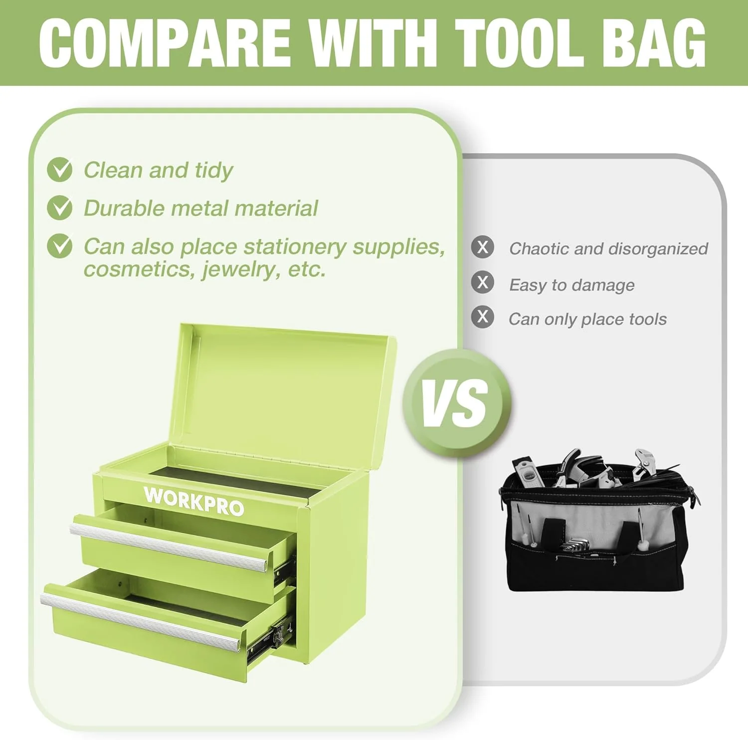 WORKPRO Metal Mini Tool Box, Top Tool Chest containing Two Drawers with Ball Bearing Slides, PVC Drawer Liners and PP Feet Pads, Durable Cold Rolled Steel Small Toolbox for Multi-Purpose Storage - Image 5