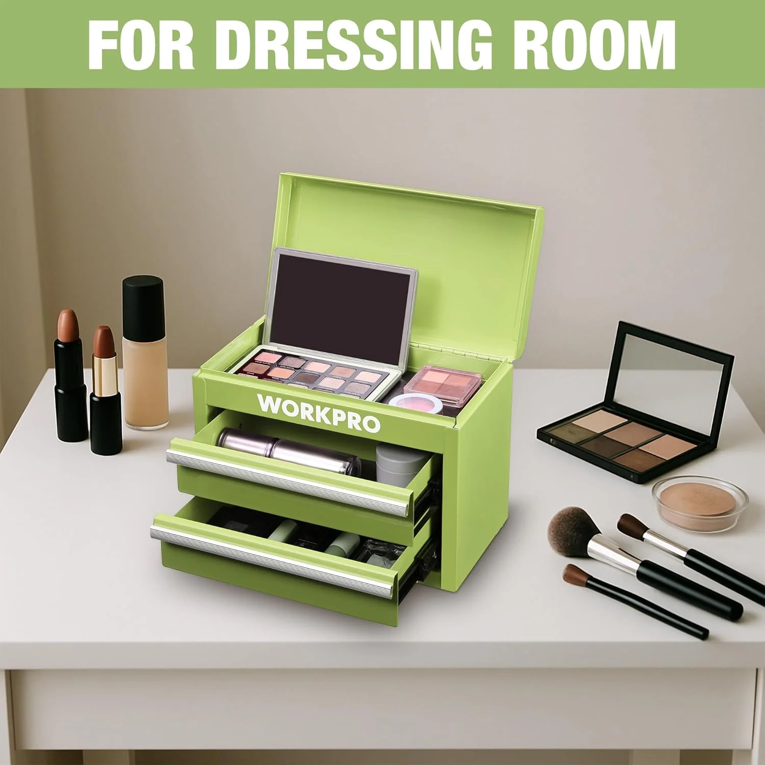 WORKPRO Metal Mini Tool Box, Top Tool Chest containing Two Drawers with Ball Bearing Slides, PVC Drawer Liners and PP Feet Pads, Durable Cold Rolled Steel Small Toolbox for Multi-Purpose Storage - Image 7