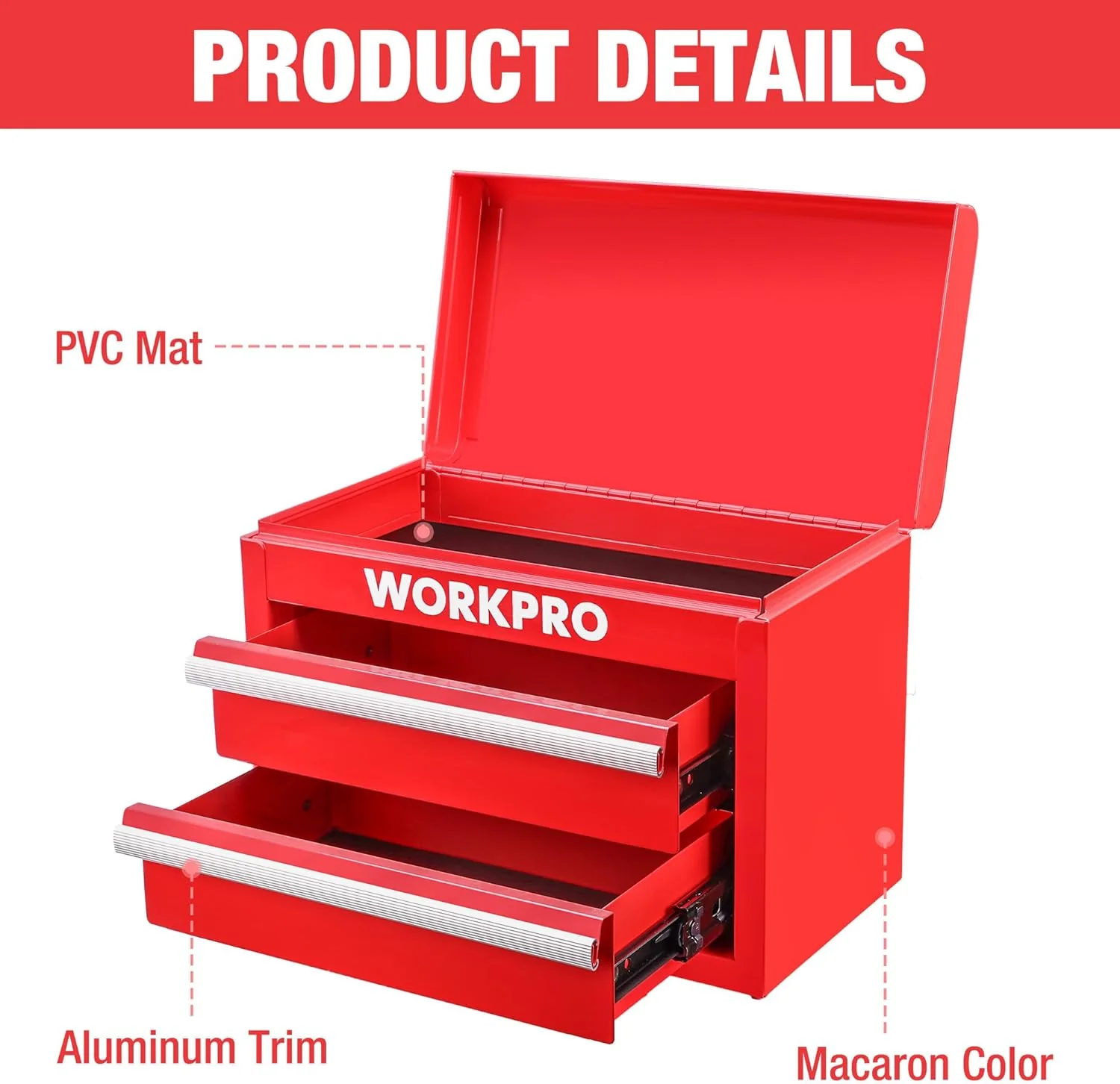 WORKPRO Metal Mini Tool Box, Top Tool Chest containing Two Drawers with Ball Bearing Slides, PVC Drawer Liners and PP Feet Pads, Durable Cold Rolled Steel Small Toolbox for Multi-Purpose Storage - Image 3