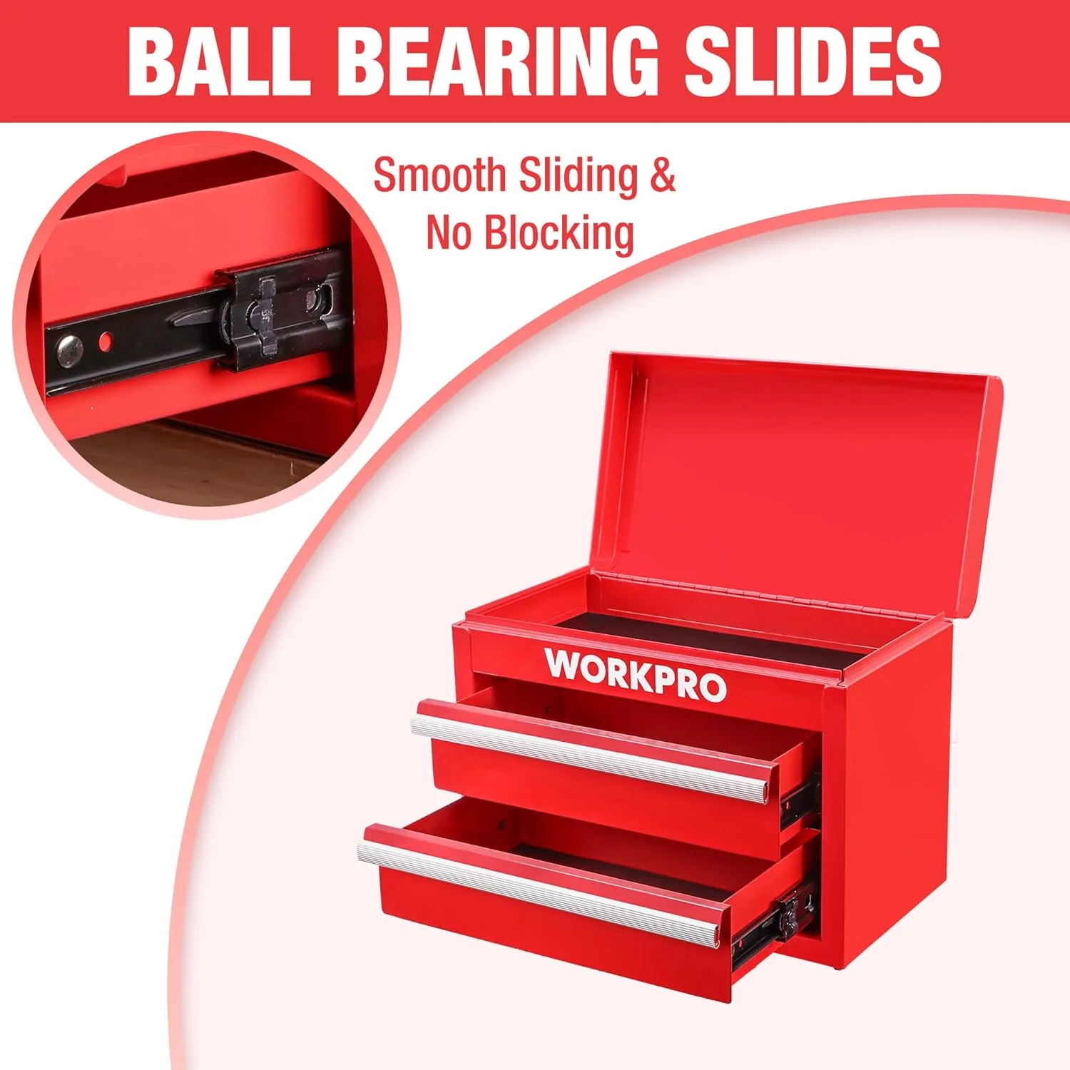 WORKPRO Metal Mini Tool Box, Top Tool Chest containing Two Drawers with Ball Bearing Slides, PVC Drawer Liners and PP Feet Pads, Durable Cold Rolled Steel Small Toolbox for Multi-Purpose Storage - Image 4