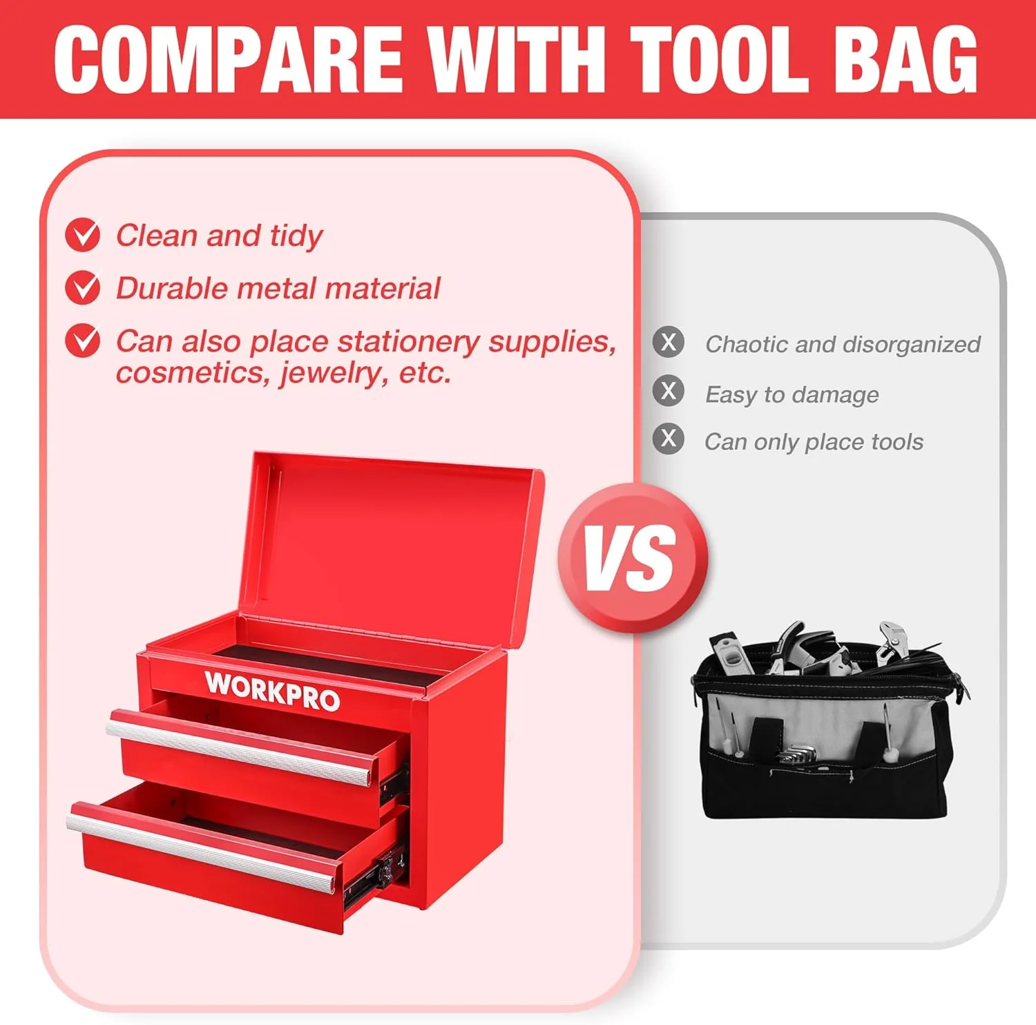 WORKPRO Metal Mini Tool Box, Top Tool Chest containing Two Drawers with Ball Bearing Slides, PVC Drawer Liners and PP Feet Pads, Durable Cold Rolled Steel Small Toolbox for Multi-Purpose Storage - Image 5