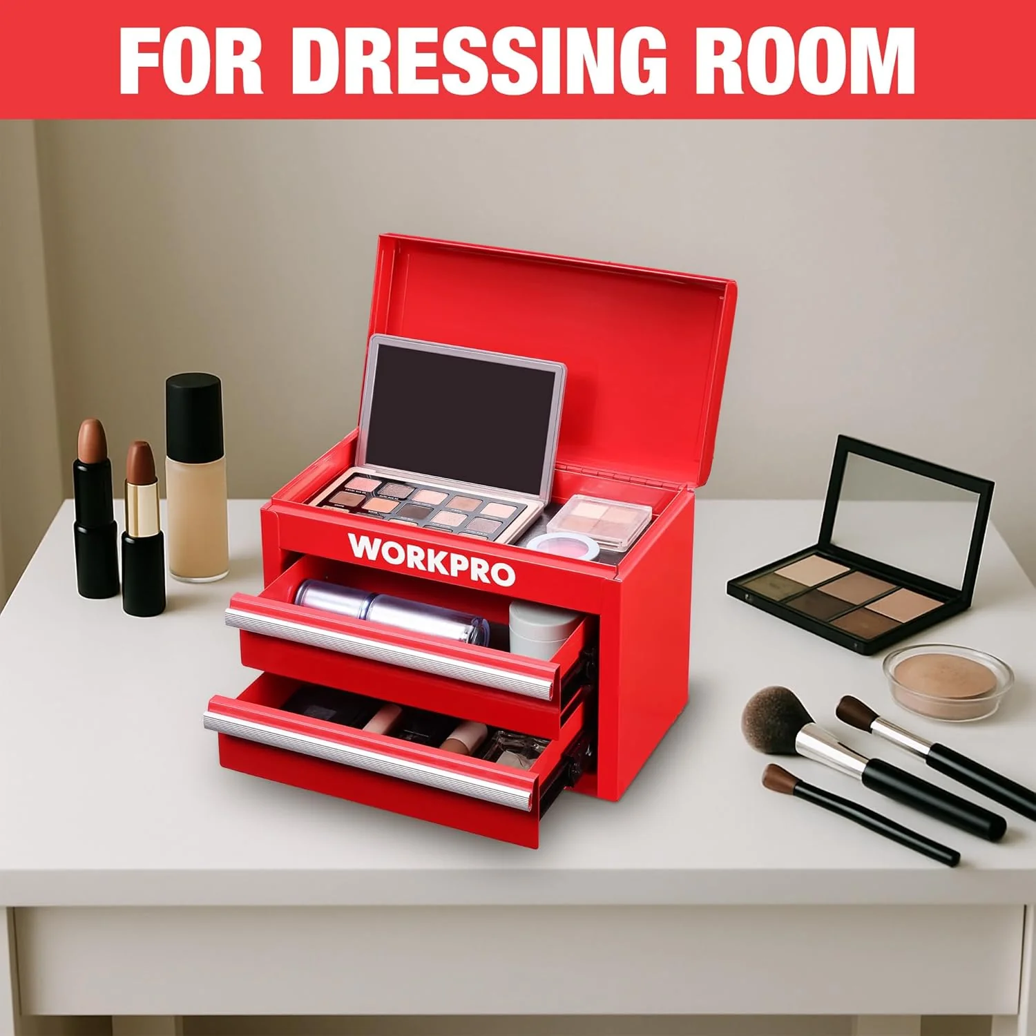 WORKPRO Metal Mini Tool Box, Top Tool Chest containing Two Drawers with Ball Bearing Slides, PVC Drawer Liners and PP Feet Pads, Durable Cold Rolled Steel Small Toolbox for Multi-Purpose Storage - Image 7