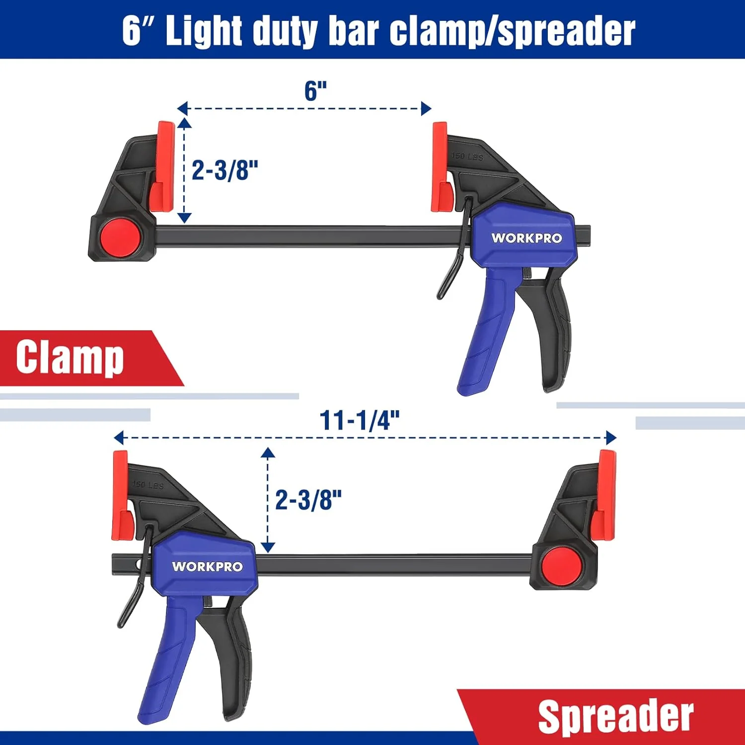 WORKPRO Mini Bar Clamps for Woodworking, 6"(2) and 4-1/2"(2), 4-Piece One-Handed Clamp/Spreader, Light-Duty Quick-Change F Clamp with 150lbs Load Limit Blue - Image 2