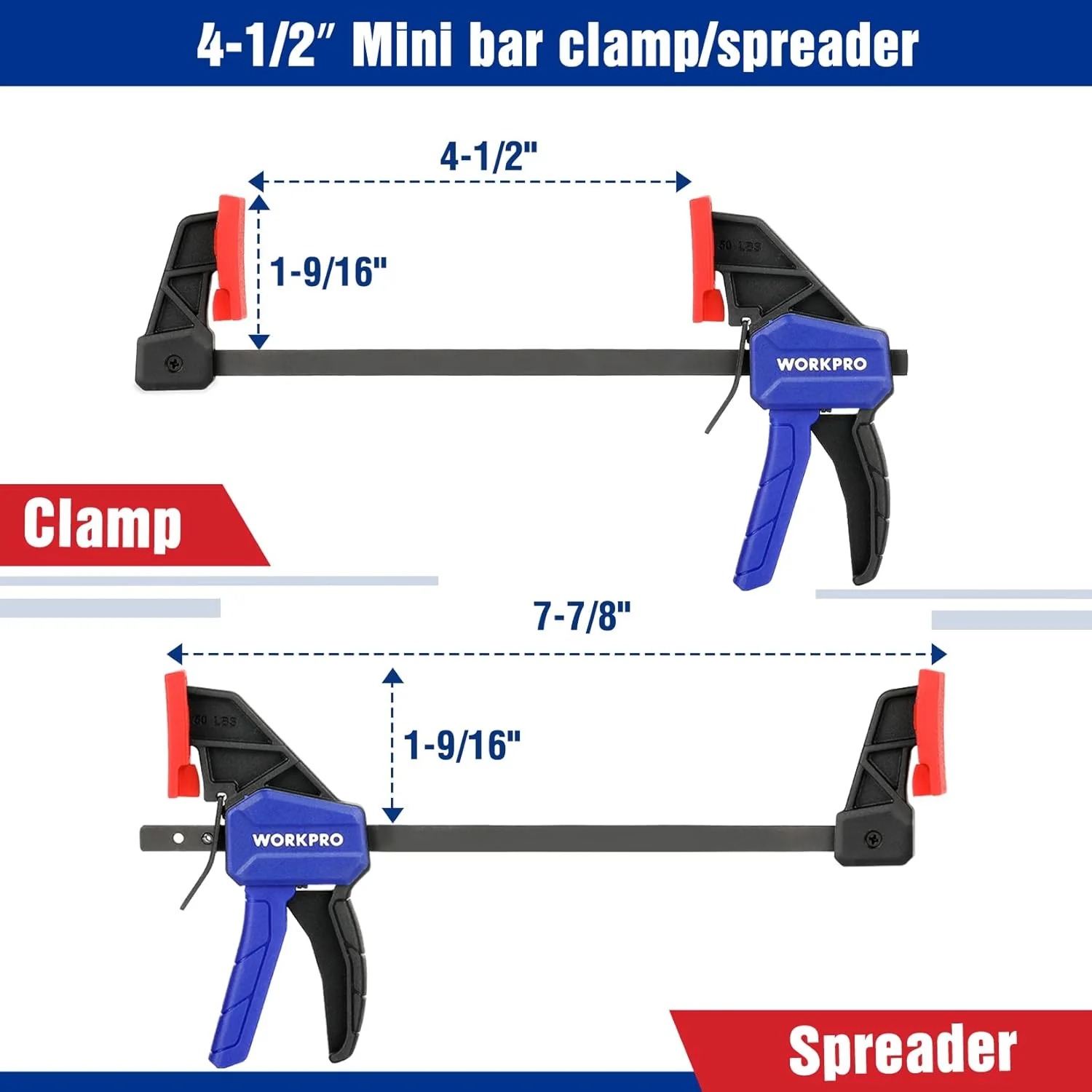 WORKPRO Mini Bar Clamps for Woodworking, 6"(2) and 4-1/2"(2), 4-Piece One-Handed Clamp/Spreader, Light-Duty Quick-Change F Clamp with 150lbs Load Limit Blue - Image 3