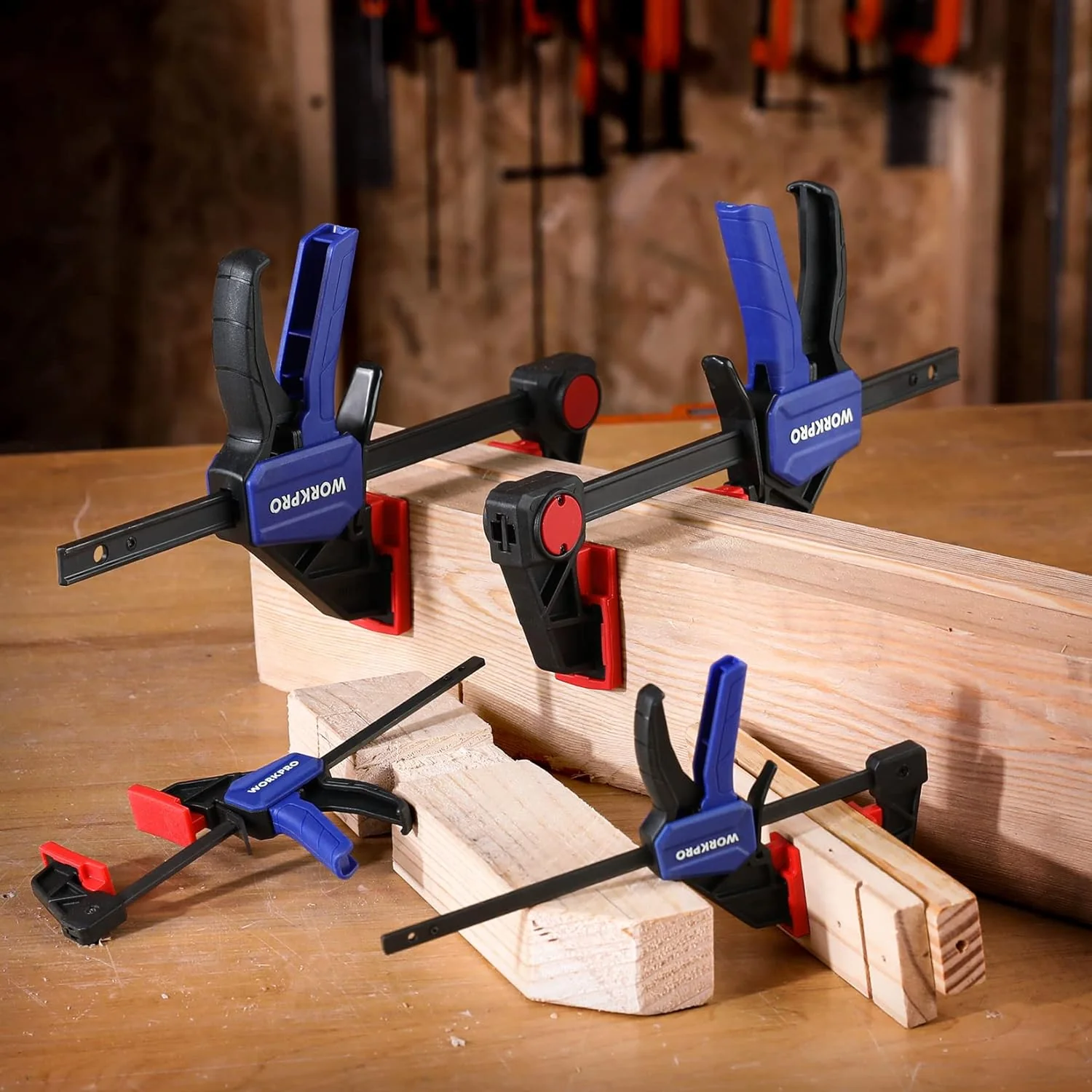 WORKPRO Mini Bar Clamps for Woodworking, 6"(2) and 4-1/2"(2), 4-Piece One-Handed Clamp/Spreader, Light-Duty Quick-Change F Clamp with 150lbs Load Limit Blue - Image 7
