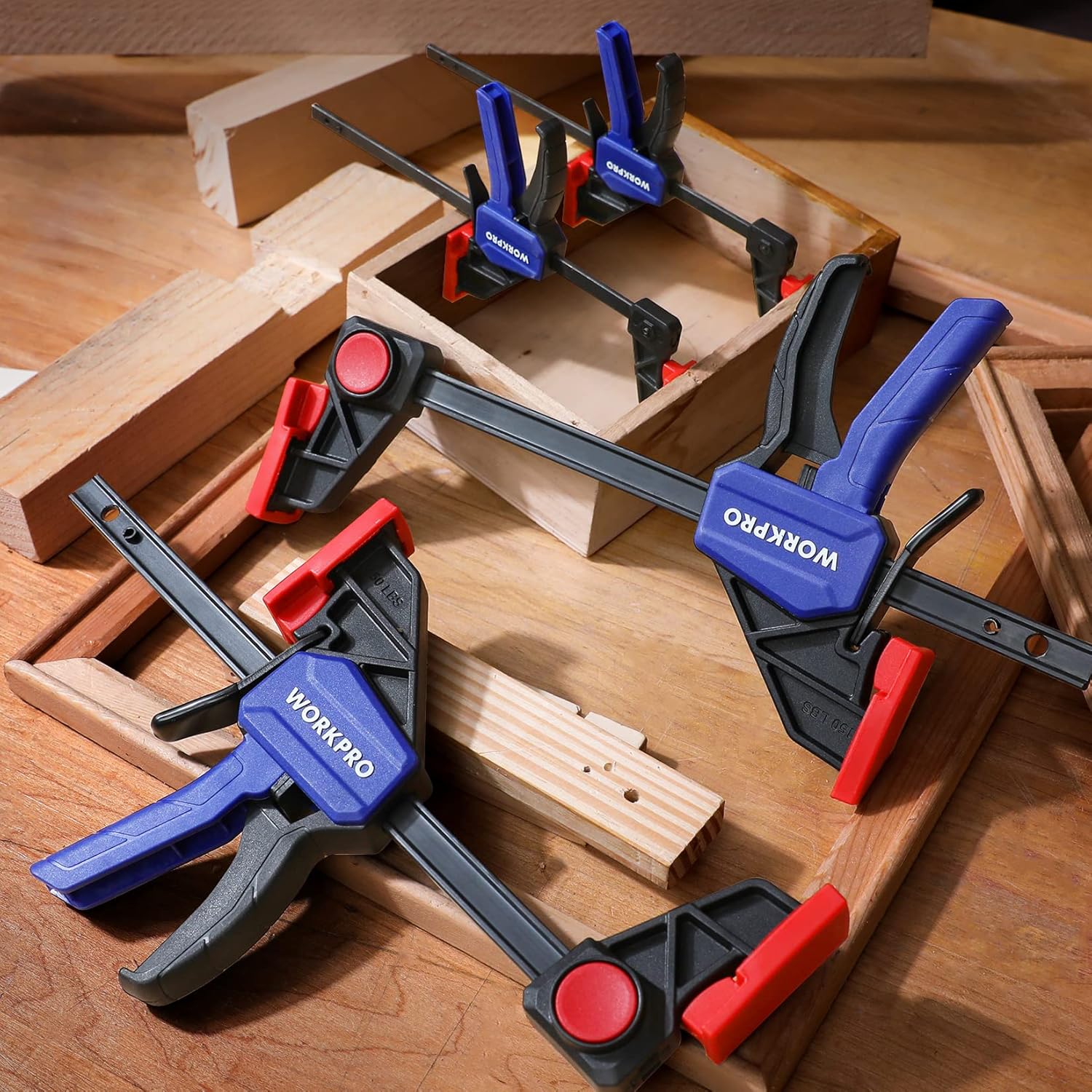 WORKPRO Mini Bar Clamps for Woodworking, 6"(2) and 4-1/2"(2), 4-Piece One-Handed Clamp/Spreader, Light-Duty Quick-Change F Clamp with 150lbs Load Limit Blue - Image 8