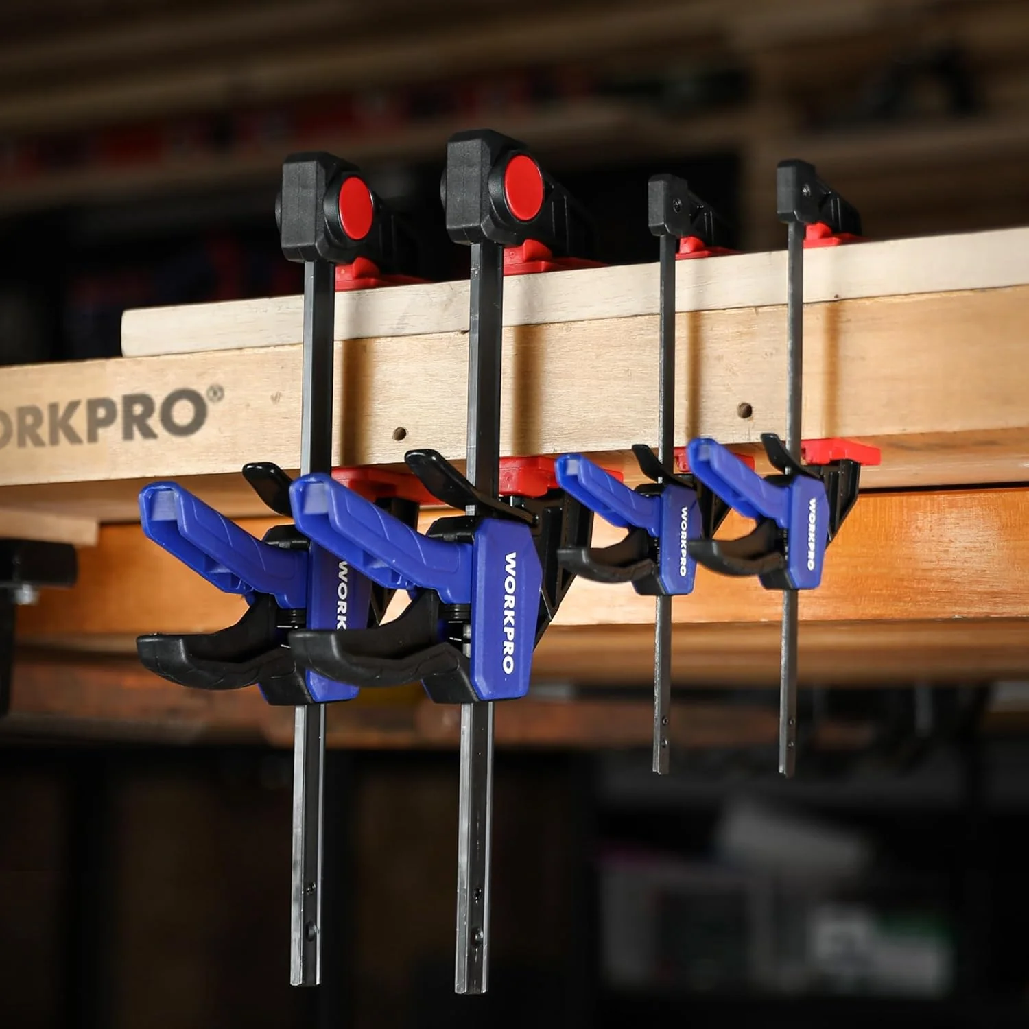 WORKPRO Mini Bar Clamps for Woodworking, 6"(2) and 4-1/2"(2), 4-Piece One-Handed Clamp/Spreader, Light-Duty Quick-Change F Clamp with 150lbs Load Limit Blue - Image 9