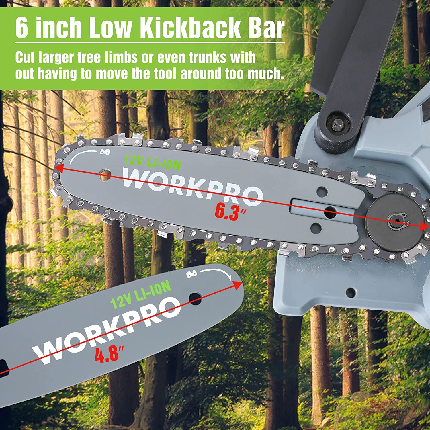 WORKPRO Mini Chainsaw, 6.3“ Cordless Electric Compact Chain Saw with 2 Batteries, Replacement Guide Bar and Chain - Image 6