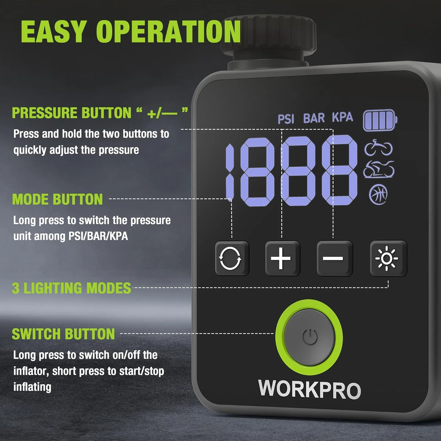 WORKPRO Mini Electric Bike Pump, 140 PSI Portable Bicycle Tire Pump with Gauge, Digital Display, Auto Shut-Off, 3 Modes, LED Light, Fast Inflate Bike Tire Pump for Motorcycle, Bicycle, Balls - Image 6