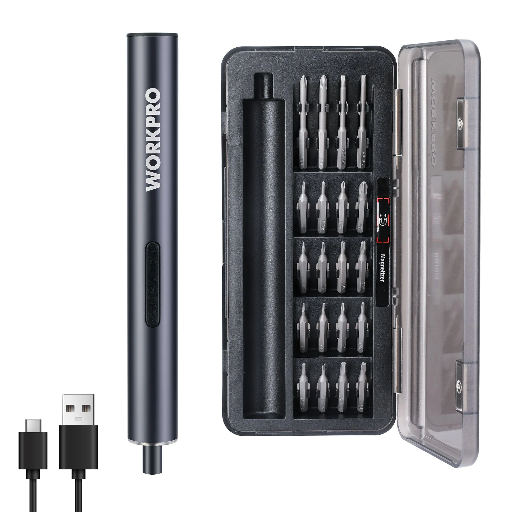 WORKPRO Mini Electric Screwdriver, 20 in 1 Electric Precision Screwdriver with Magnetizer and S2 Steel Bits, Max 4.0V Magnetic Rechargeable Cordless Screwdriver Kit for Phone, Camera, Laptop