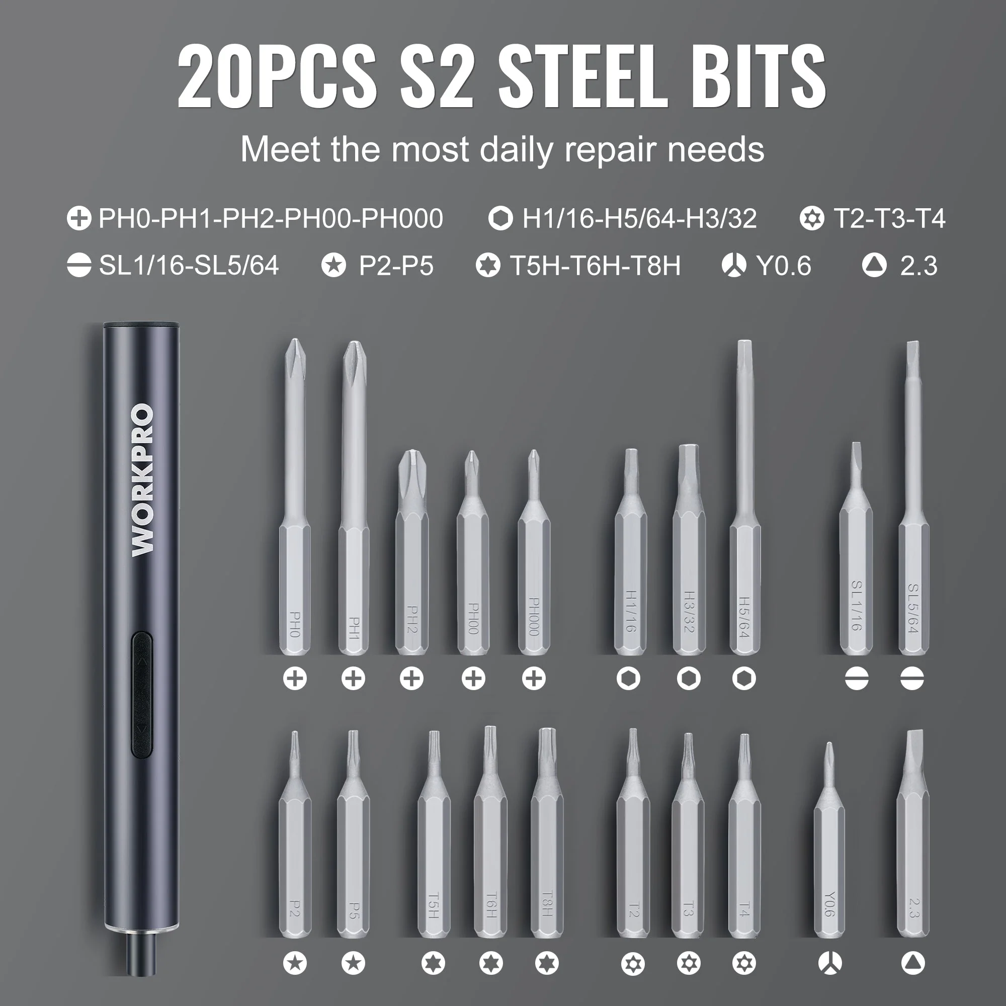 WORKPRO Mini Electric Screwdriver, 20 in 1 Electric Precision Screwdriver with Magnetizer and S2 Steel Bits, Max 4.0V Magnetic Rechargeable Cordless Screwdriver Kit for Phone, Camera, Laptop - Image 5