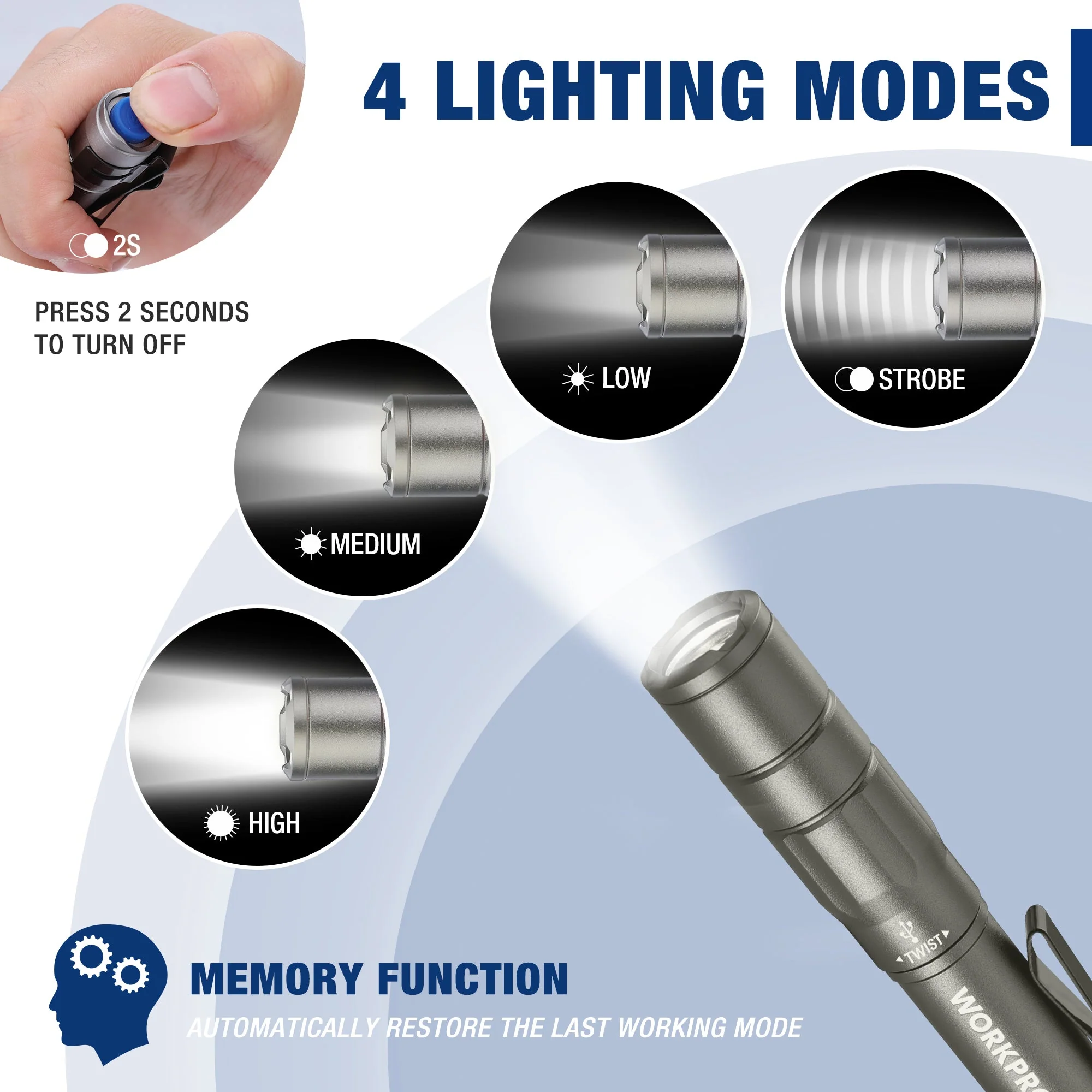 WORKPRO Mini Flashlight Pen Light, Rechargeable Pocket Penlight with Ultra-Compact EDC Flashlight, Memory Function and USB C Cable Included, Gray - Image 4