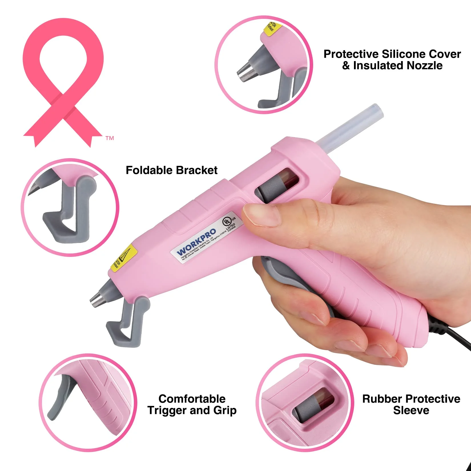 WORKPRO Mini Hot Glue Gun Kit with 20 Pcs Hot Glue Sticks - Pink Ribbon - Image 2