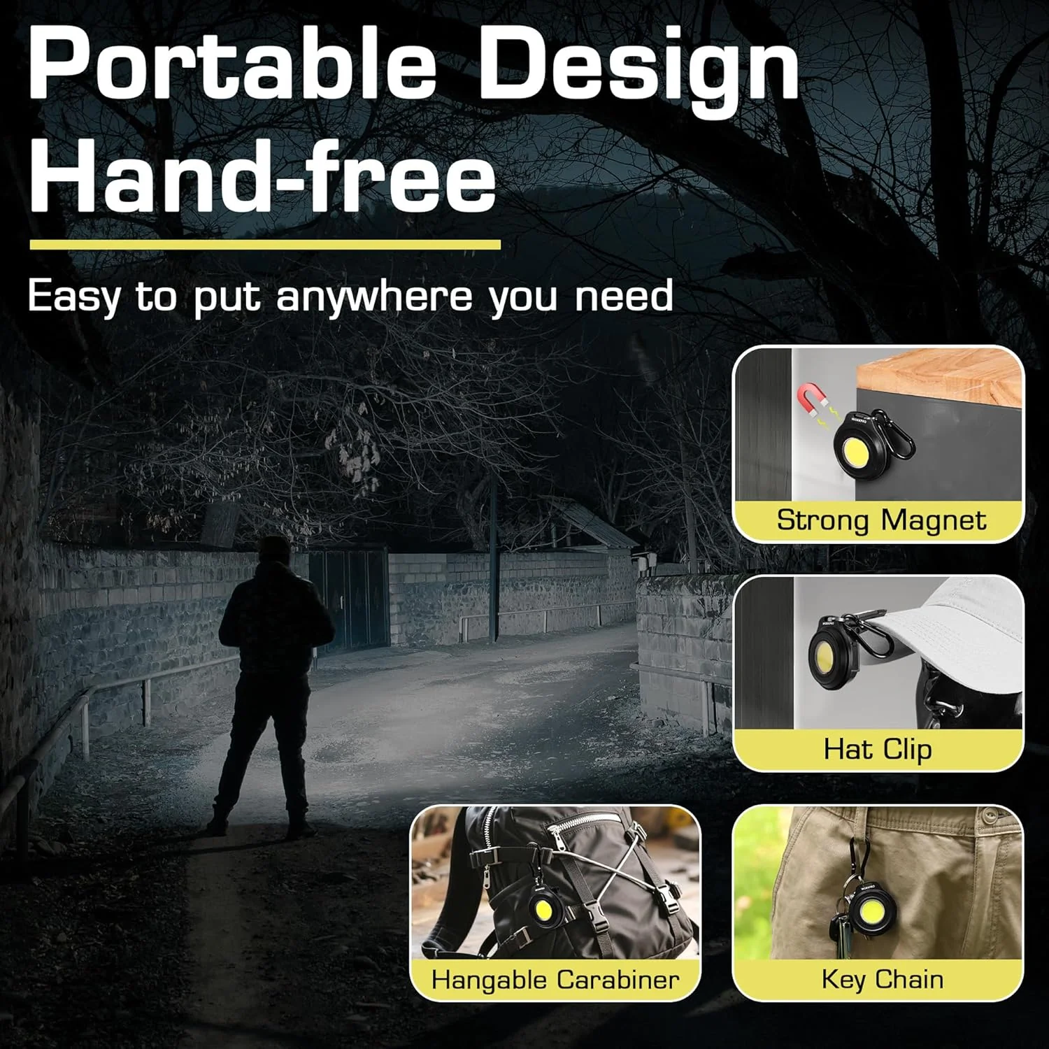 WORKPRO Mini Keychain Work Light, COB Keychain Flashlight with Hat Clip, Rechargeable Magnetic EDC Carabiner Flashlight, 3 Light Modes Emergency Light for Camping, Biking and Car Repairing, Black - Image 4