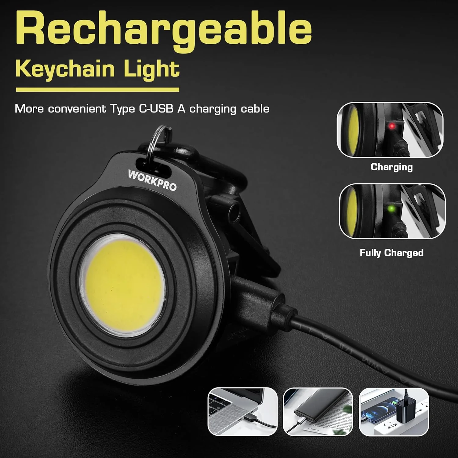 WORKPRO Mini Keychain Work Light, COB Keychain Flashlight with Hat Clip, Rechargeable Magnetic EDC Carabiner Flashlight, 3 Light Modes Emergency Light for Camping, Biking and Car Repairing, Black - Image 6