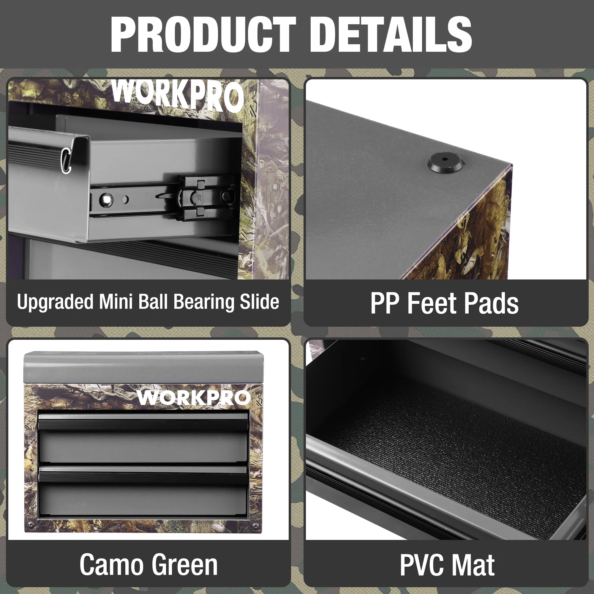 WORKPRO Mini Metal Tool Box with 2 Drawers and Top Storage, Small Tool Chest, Camoflouge - Image 3