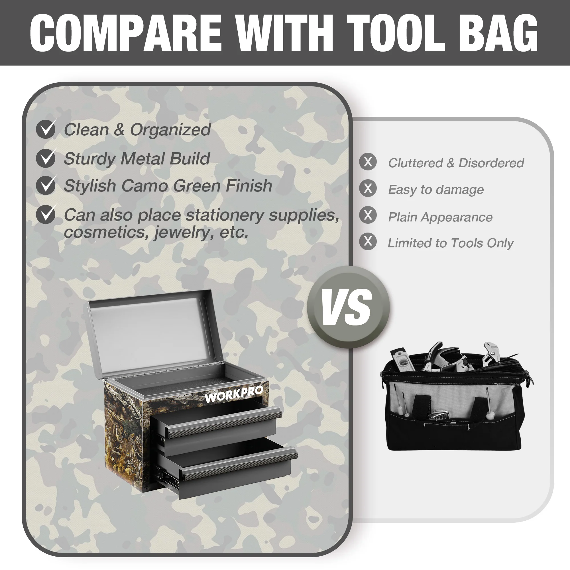 WORKPRO Mini Metal Tool Box with 2 Drawers and Top Storage, Small Tool Chest, Camoflouge - Image 4