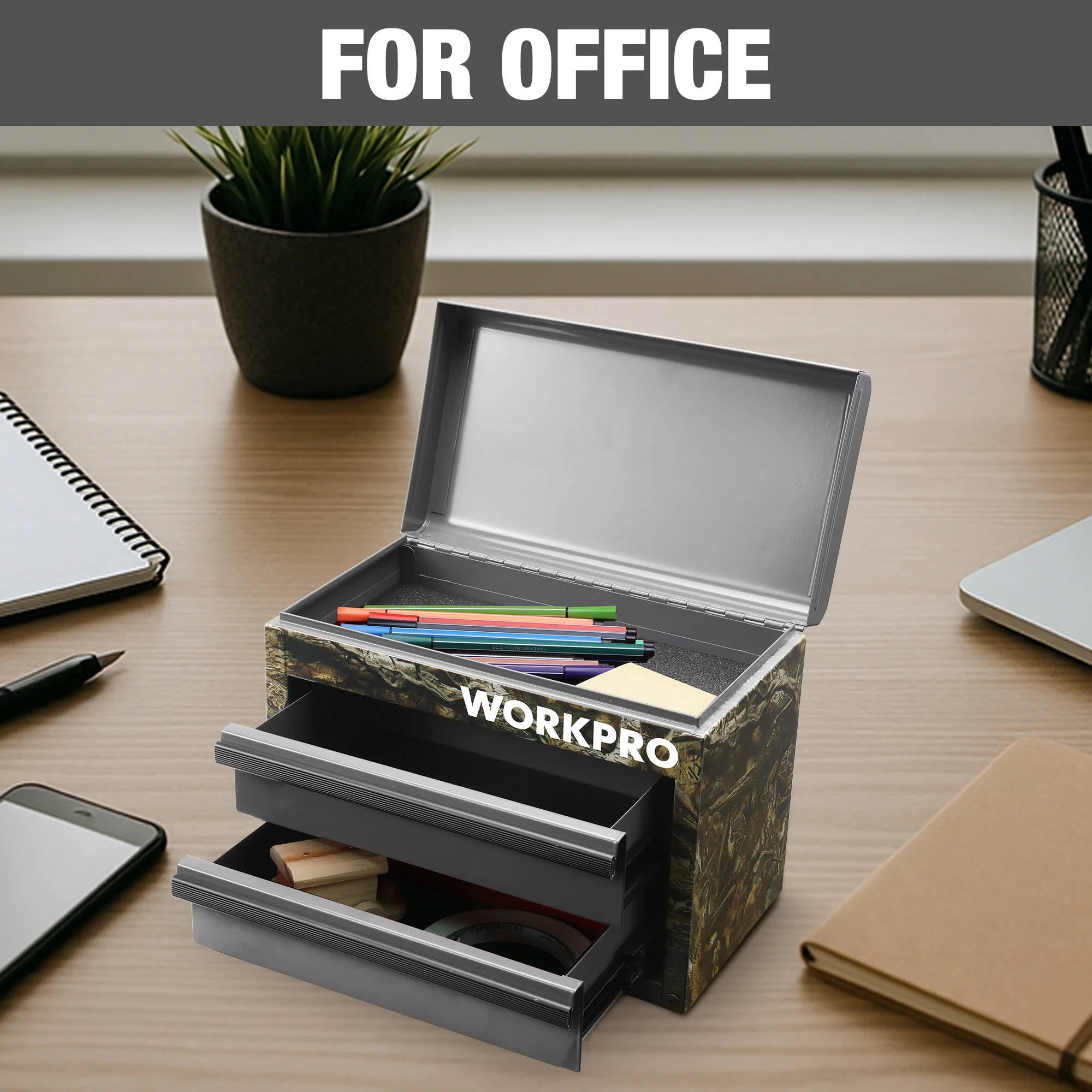 WORKPRO Mini Metal Tool Box with 2 Drawers and Top Storage, Small Tool Chest, Camoflouge - Image 5