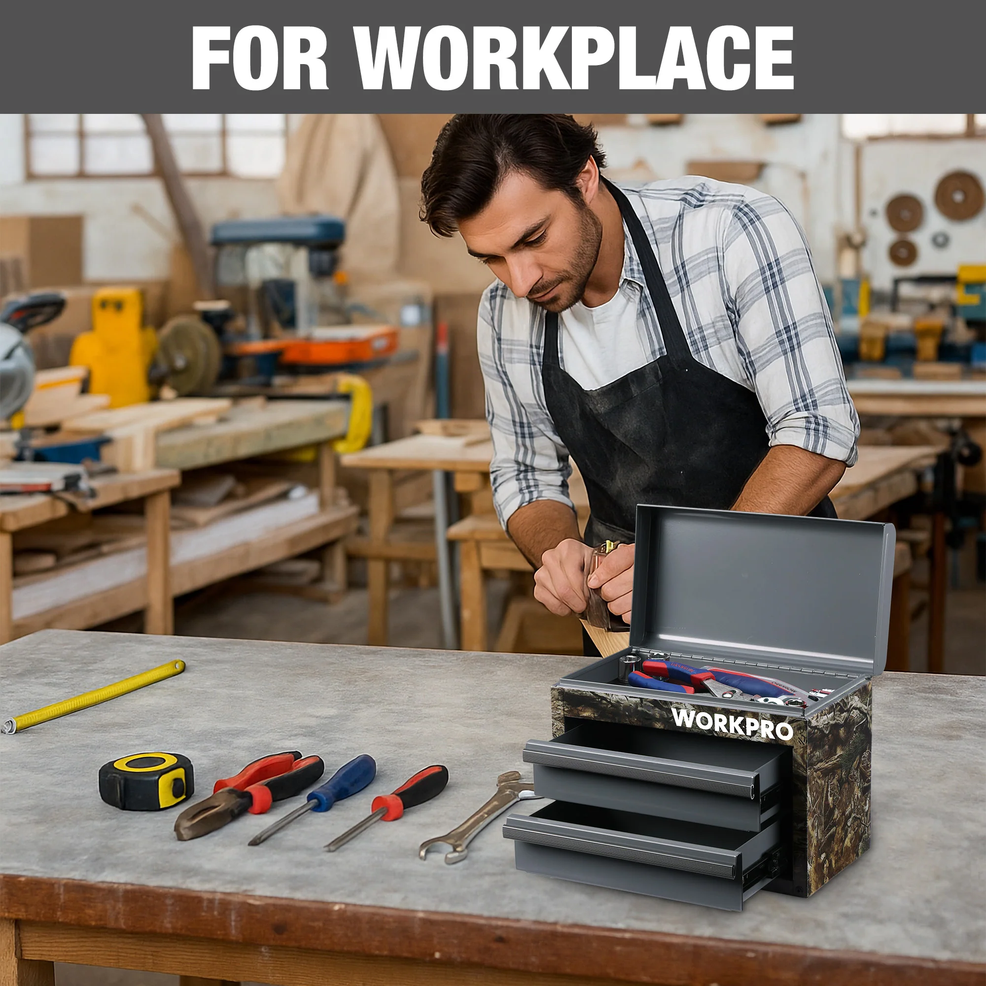 WORKPRO Mini Metal Tool Box with 2 Drawers and Top Storage, Small Tool Chest, Camoflouge - Image 6