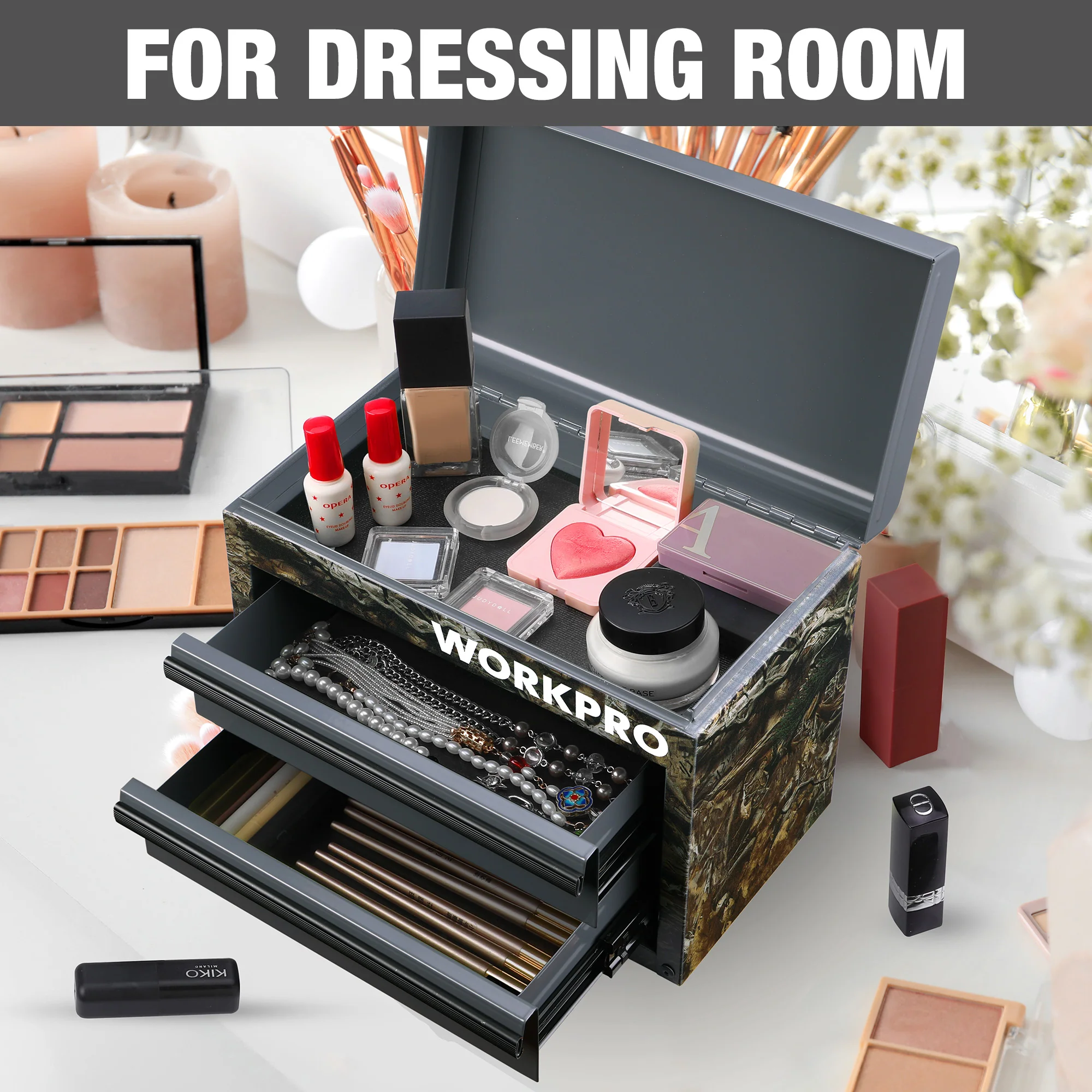 WORKPRO Mini Metal Tool Box with 2 Drawers and Top Storage, Small Tool Chest, Camoflouge - Image 7