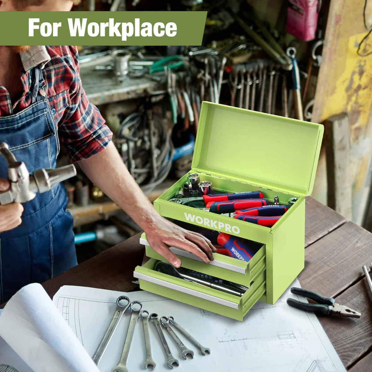 WORKPRO Mini Metal Tool Box with 2 Drawers and Top Storage - Image 11