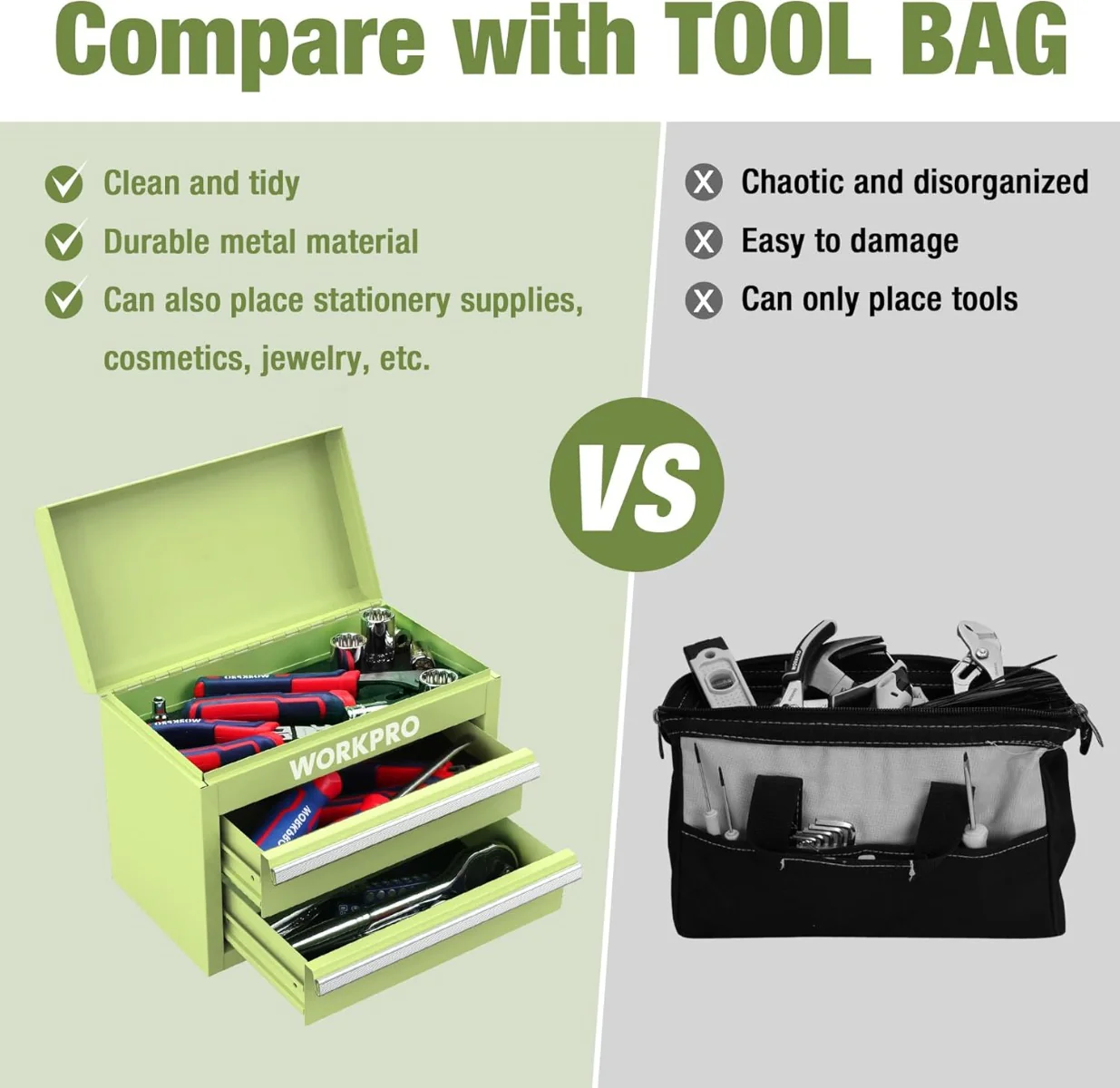 WORKPRO Mini Metal Tool Box with 2 Drawers and Top Storage - Image 13