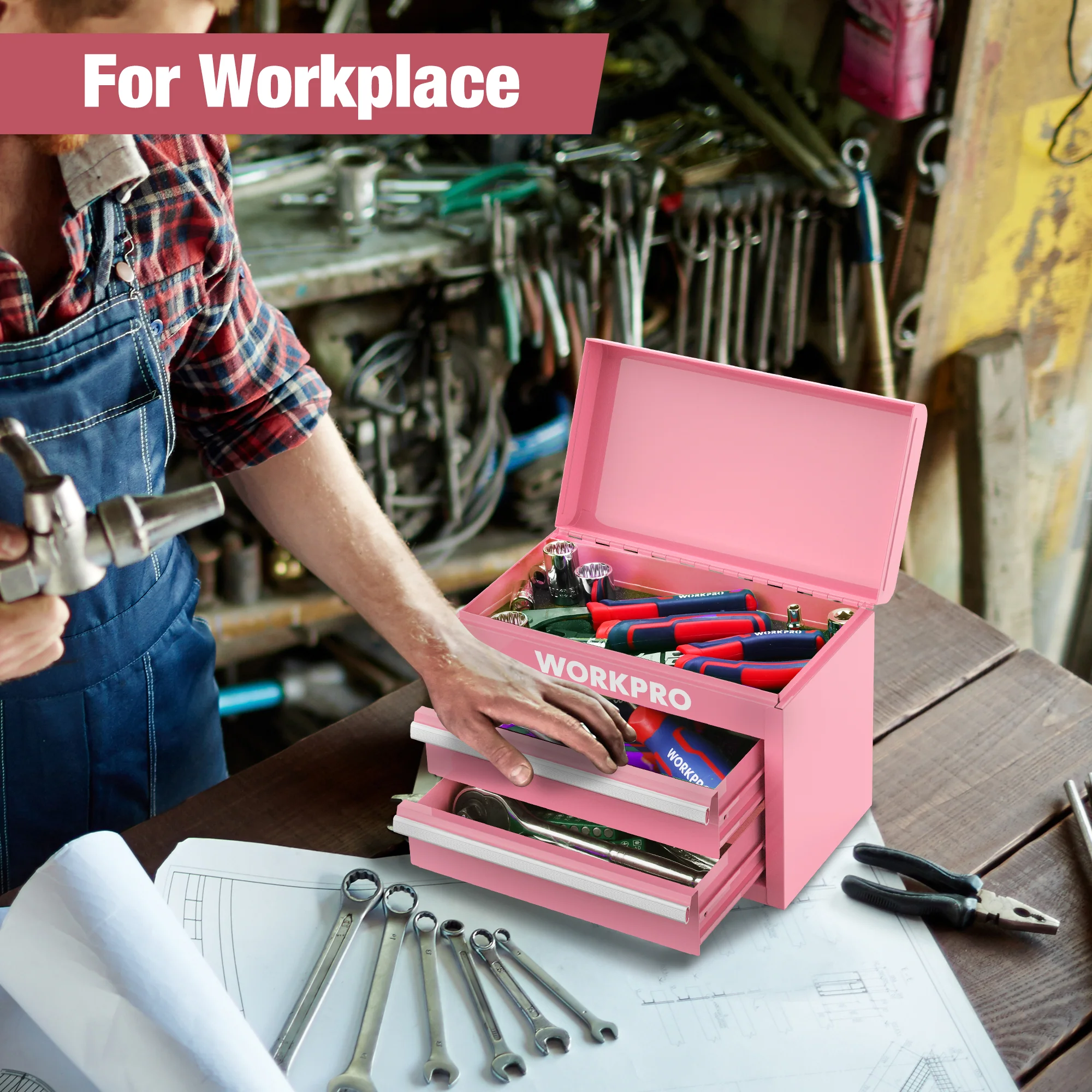 WORKPRO Mini Metal Tool Box with 2 Drawers and Top Storage - Image 15
