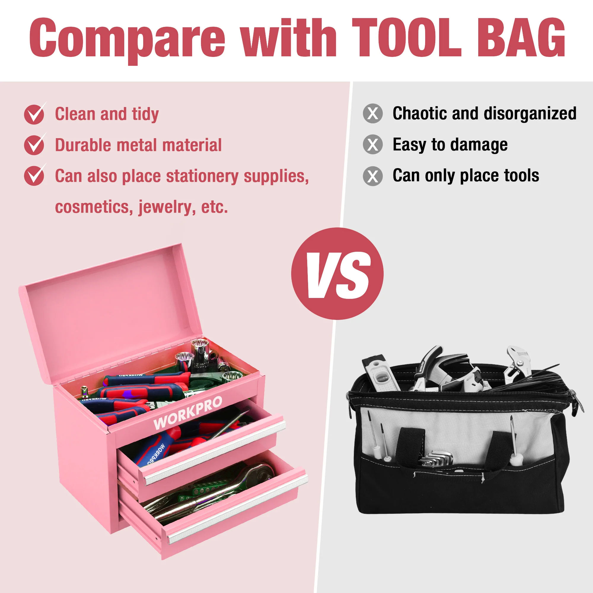 WORKPRO Mini Metal Tool Box with 2 Drawers and Top Storage - Image 17