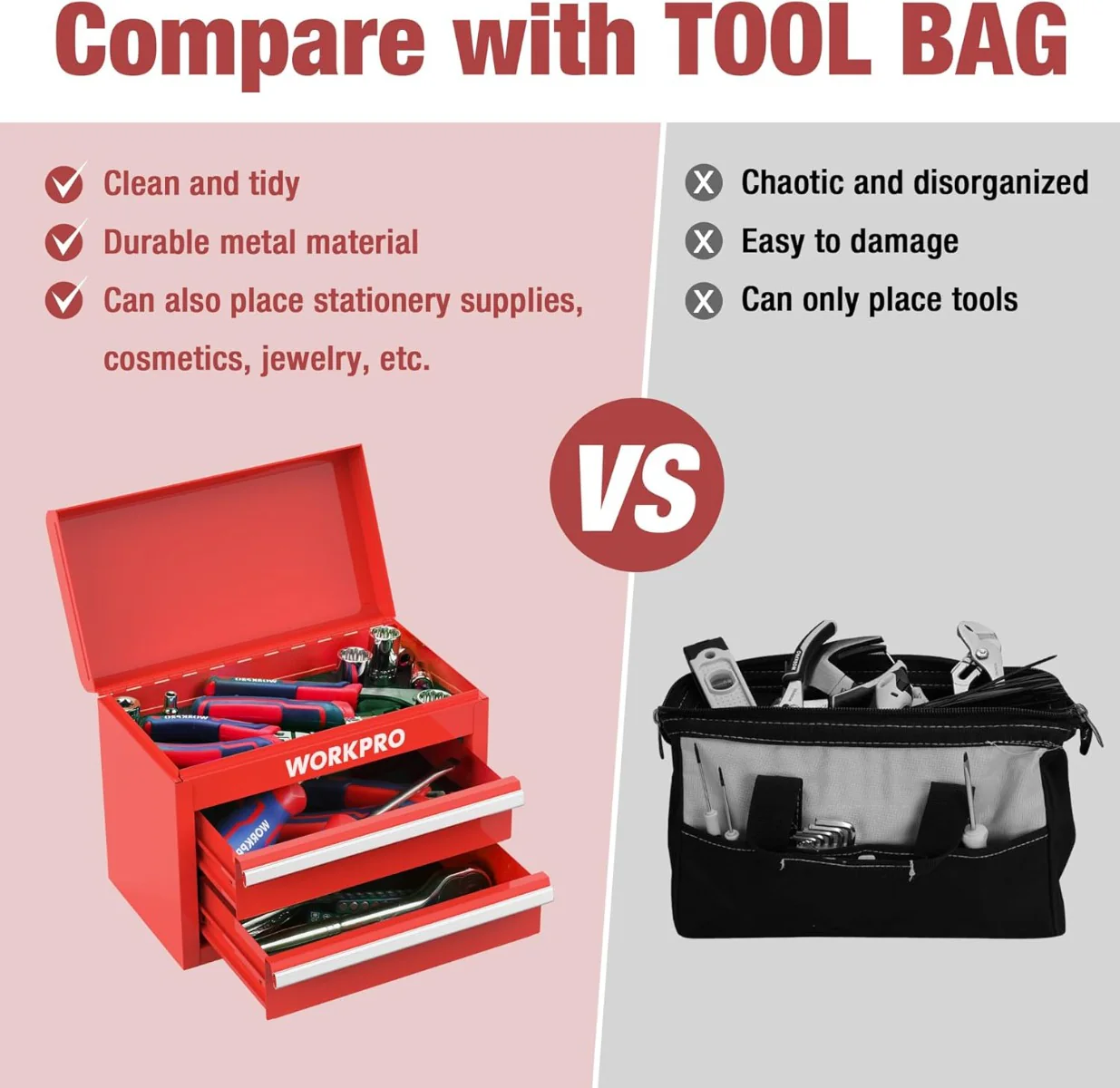 WORKPRO Mini Metal Tool Box with 2 Drawers and Top Storage - Image 5