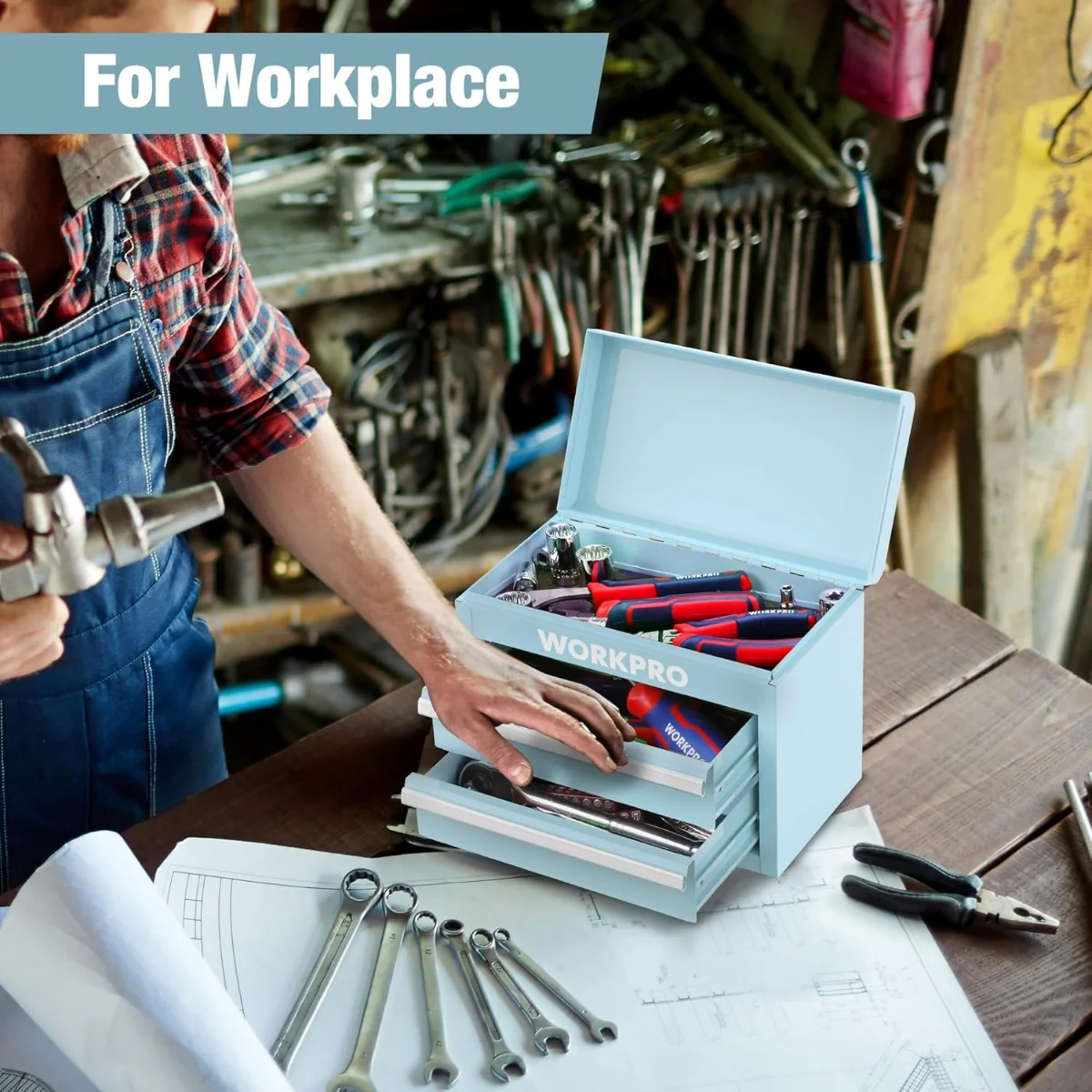 WORKPRO Mini Metal Tool Box with 2 Drawers and Top Storage - Image 7